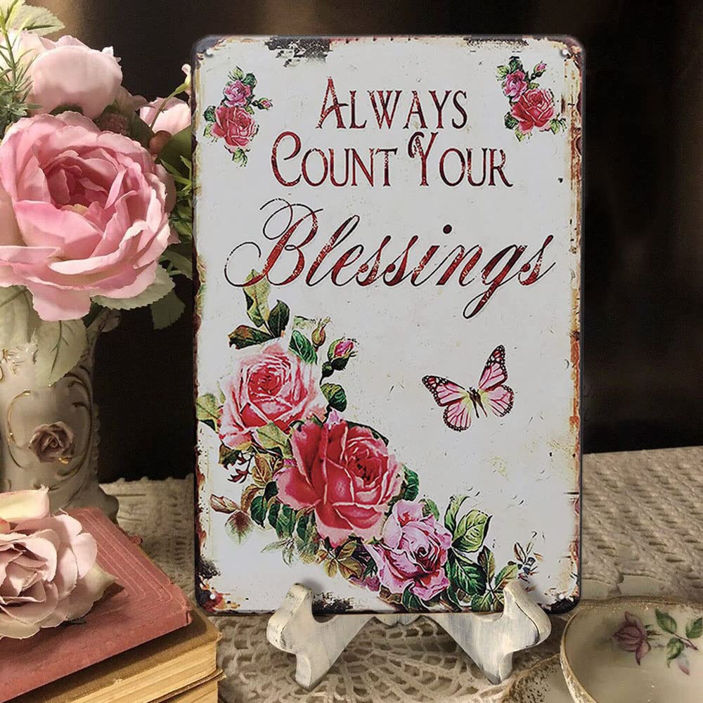 French Rose Decor Shabby Chic Metal Tin Sign, Always Count Your Blessings Spring Decor, 12x 8 Inches French Country Decor Flower Rose Garden Signs