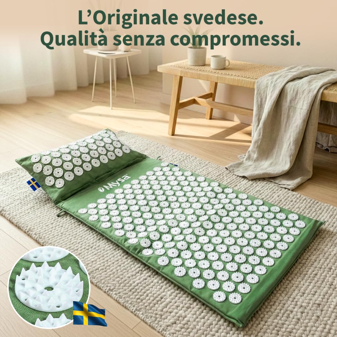 Thermo MYSA Duo - Tappetino Agopressione Originale con Cuscino Termico – Agopressione per Schiena e Collo, Fiori a 33 Punte, Rilassamento Totale, Design Svedese