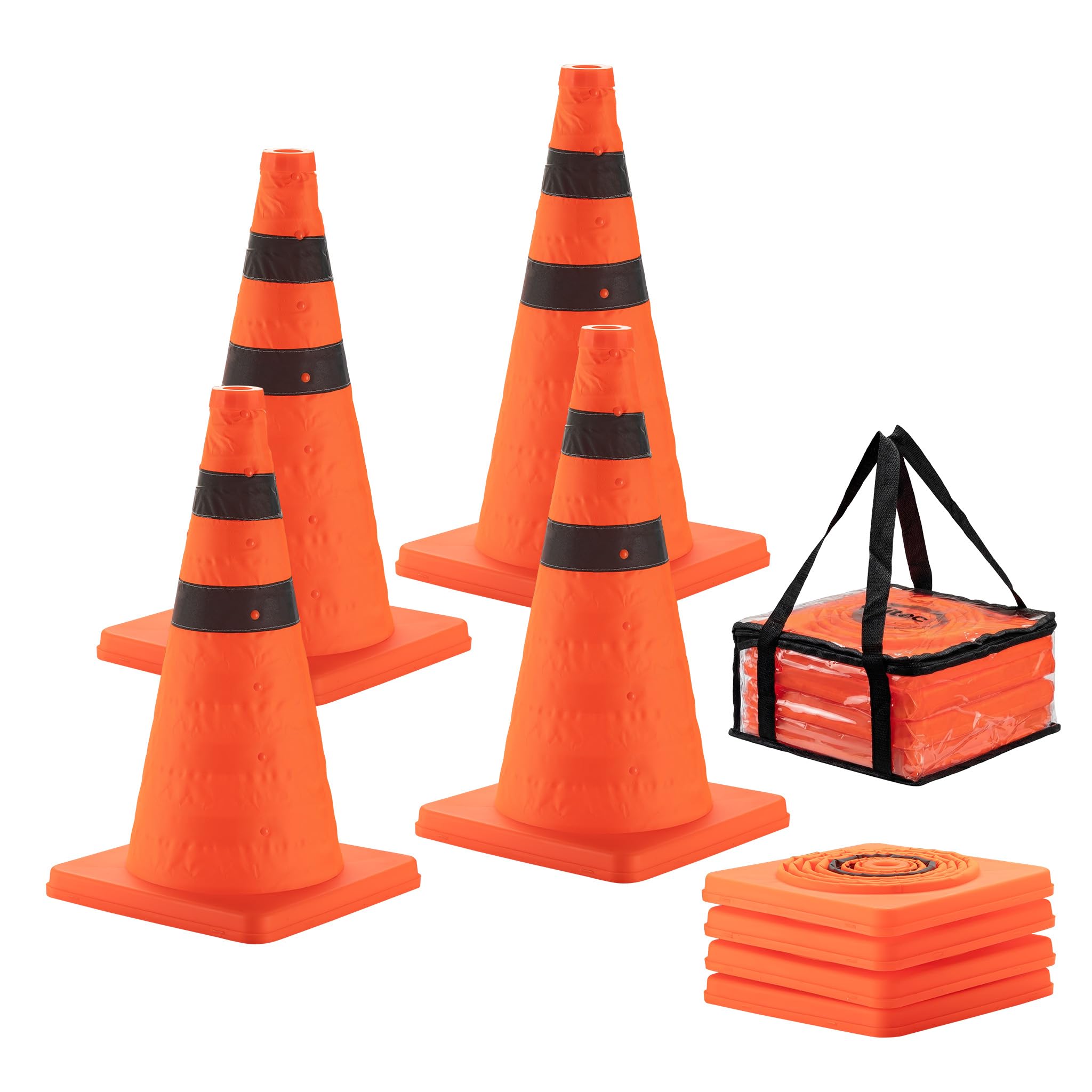 Wiltec 4x klappbarer Verkehrskegel 45 cm, Leitkegel zum Absichern, Pylone mit reflektierenden Streifen, Warnkegel inkl. Tasche