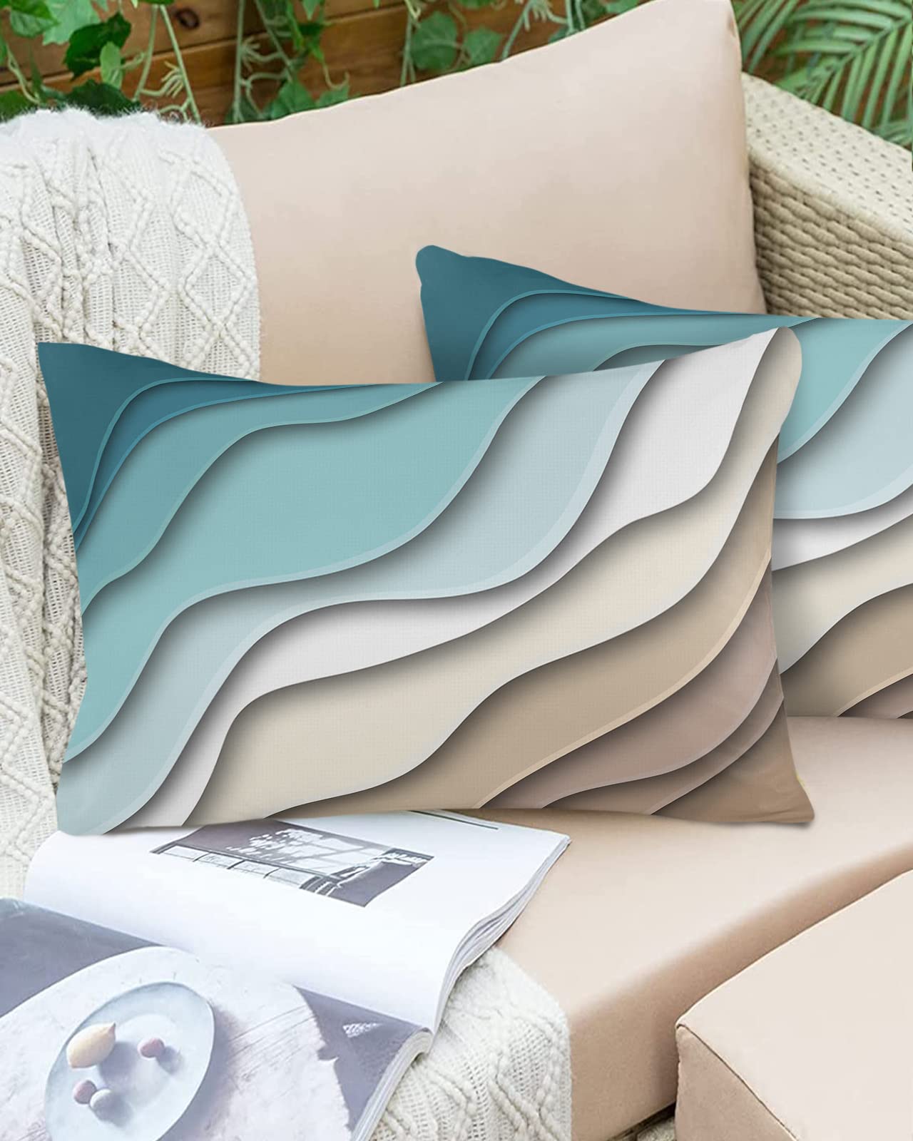 Outdoor Pillows 20x12 Waterproof Outdoor Pillow Covers Ombre Stripes Turquoise Brown Polyester Throw Pillow Covers Garden Cushion Decorative Case for