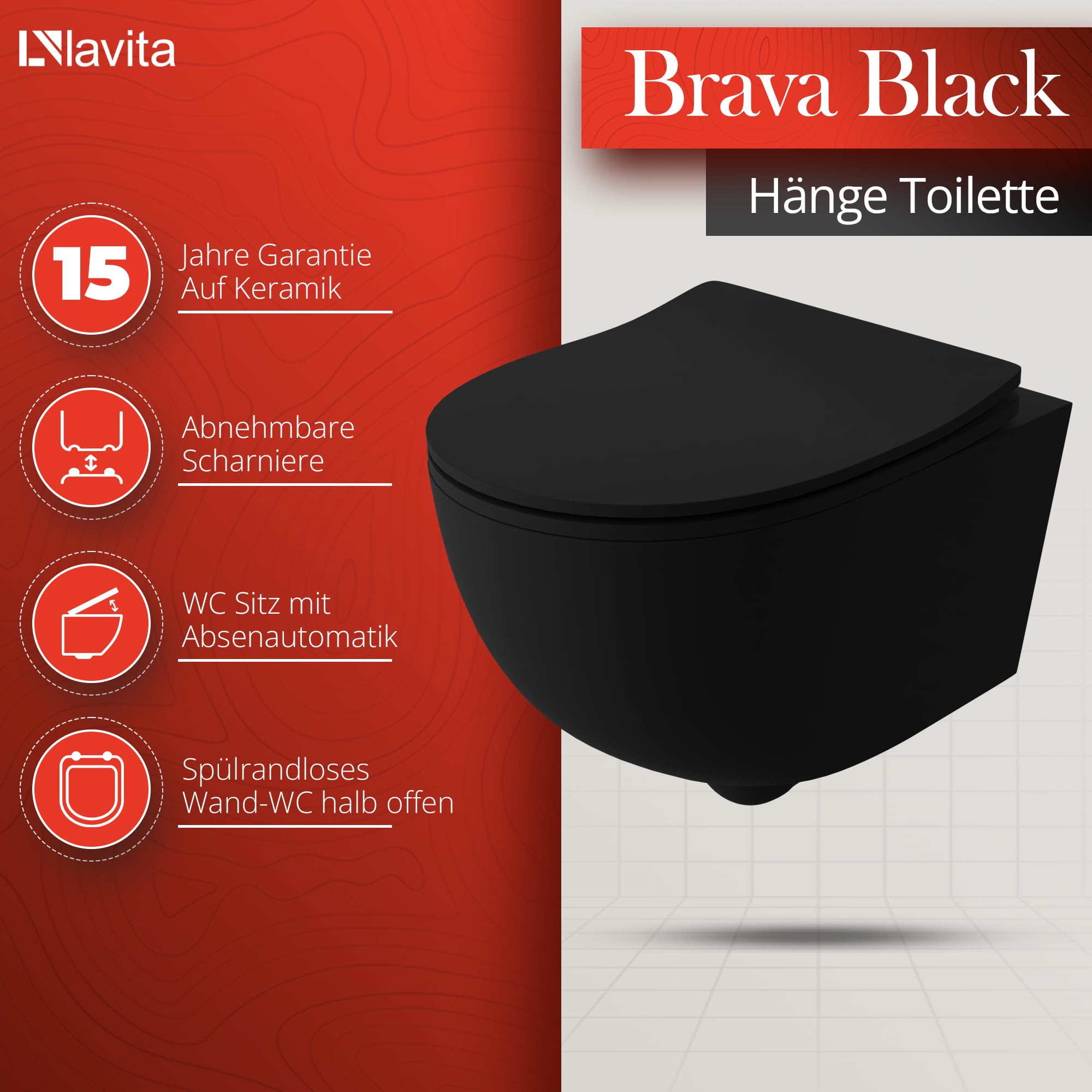 LAVITA Vorwandelement Solido Start + Wand Hänge WC Brava Schwarz Spülrandlos + WC-Sitz SoftClose Verchromter Knopf Komplettset Unterputz Spülkasten Toilette Komplett Sett WC