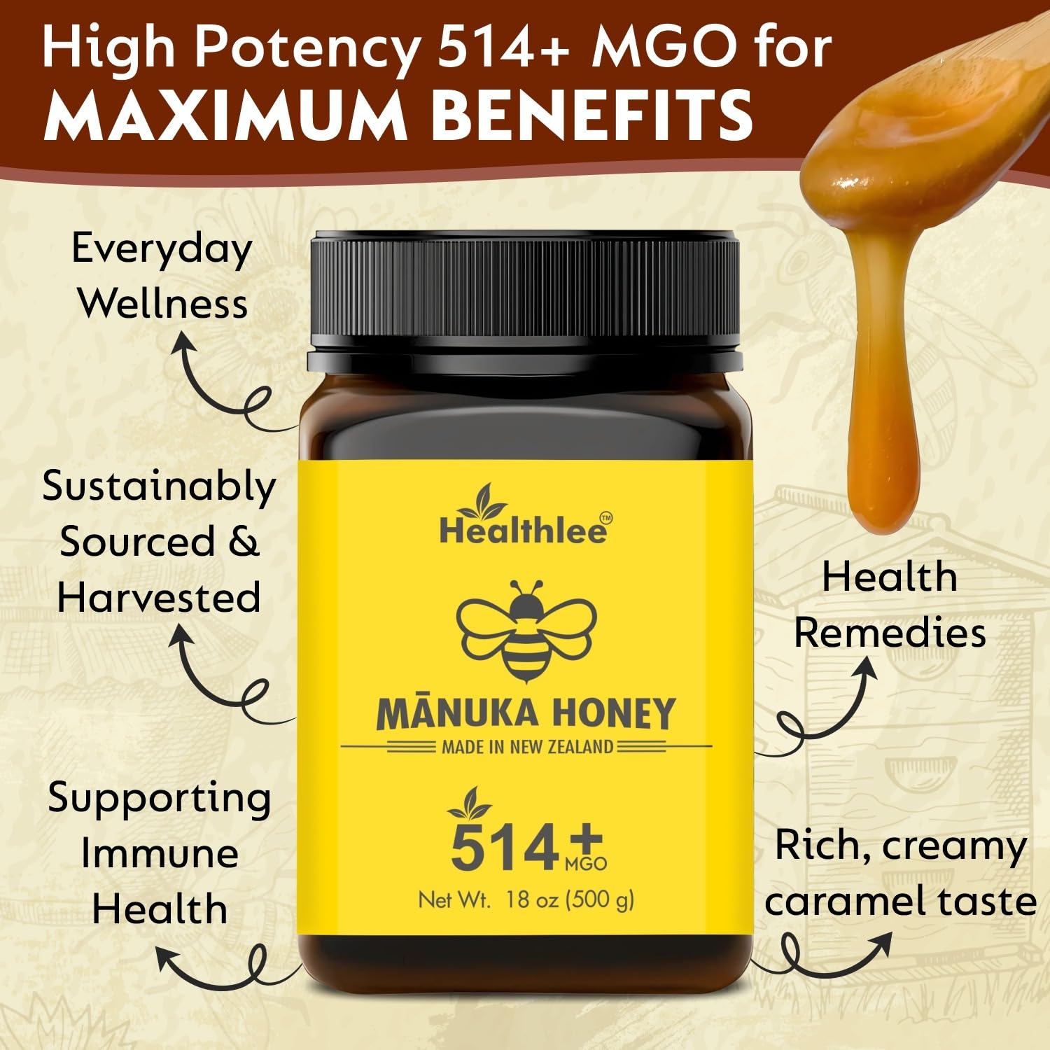Manuka honey 514+ MGO | Manuka Honey New Zealand | Monofloral | (18 oz) /500 gm