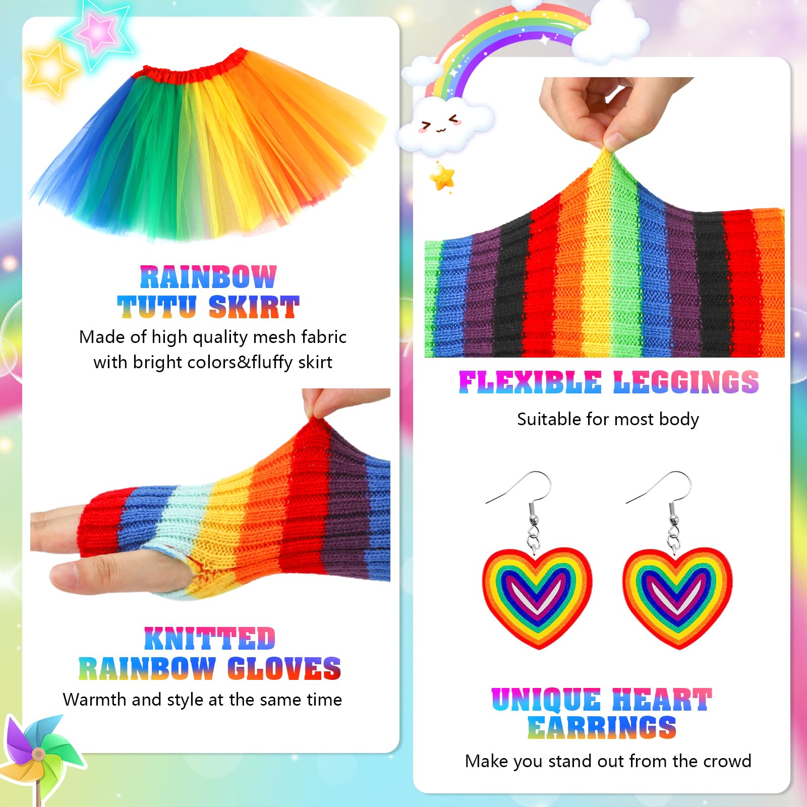 Hifot Rainbow Costume for Women - Rainbow Tutu Skirt, Flower Headband, Socks, Arm Warmers, Earrings - LGBTQ, Gay Pride Accessories - Image 4