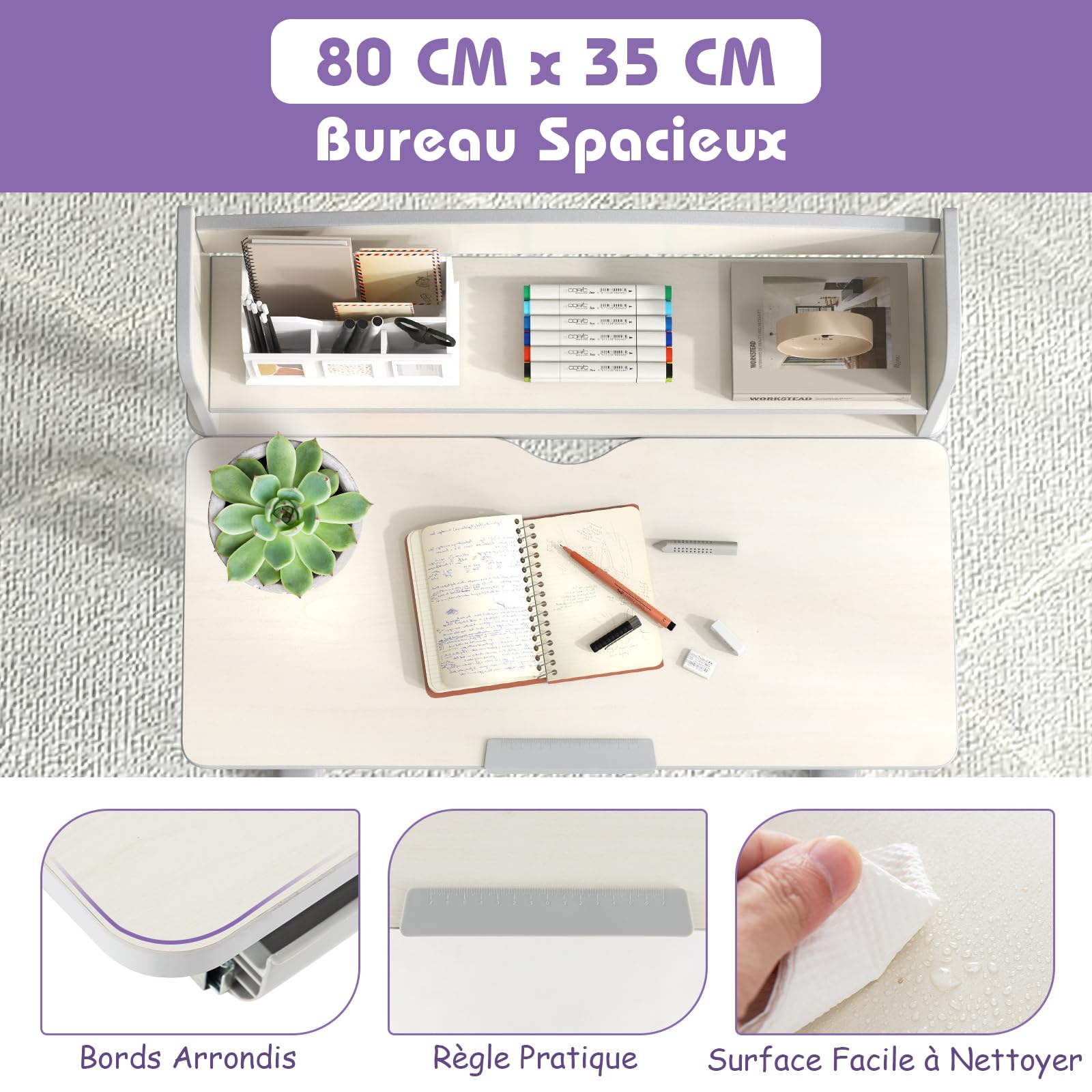GOPLUS Bureau Enfant Fille Garcon, Table d'Étude Réglable en Hauteur avec Rangement, Plateau Inclinable à 7 Niveaux, Tiroir, Support à Livre, Bureau pour 3-12 Ans pour Maison École (Gris)