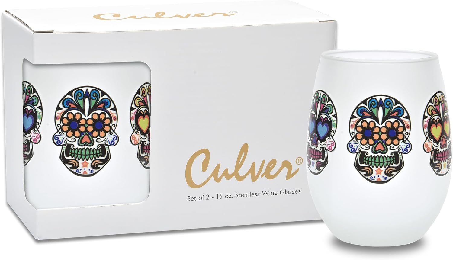 Culver Festive Sugar Skulls Decorated Stemless Wine Glass, 15-Ounce, Gift Boxed Set of 2 (Frosted)