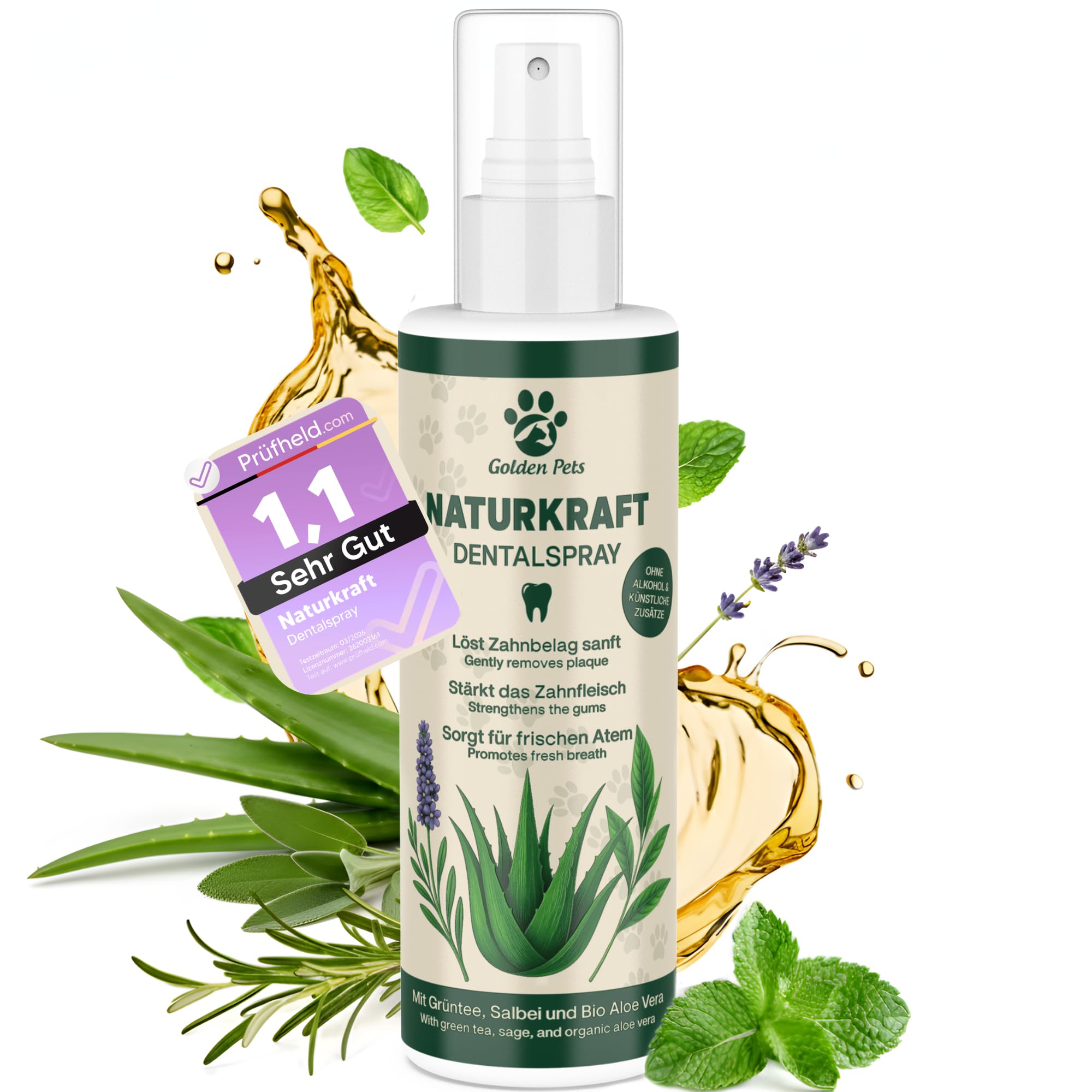 TESTNOTE SEHR GUT Dentalspray für Hunde & Katzen Mit BIO Aloe Vera, natürlichen Kräutern & Minze – Zahnspray Gegen Mundgeruch & Zahnstein Zahnfleischpflege 200 ml Golden Pets