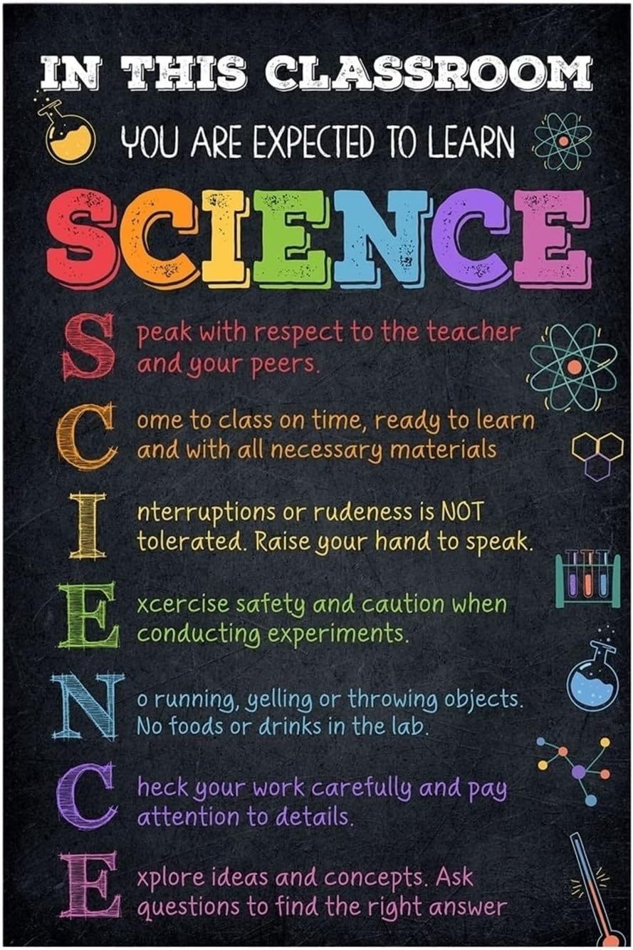 Science Classroom Decor Bundle, Rules & Safety Posters Set, Laminated Wall Art for Middle School, High School, Teacher Resources(Unframed,08x12inch(20x30cm))