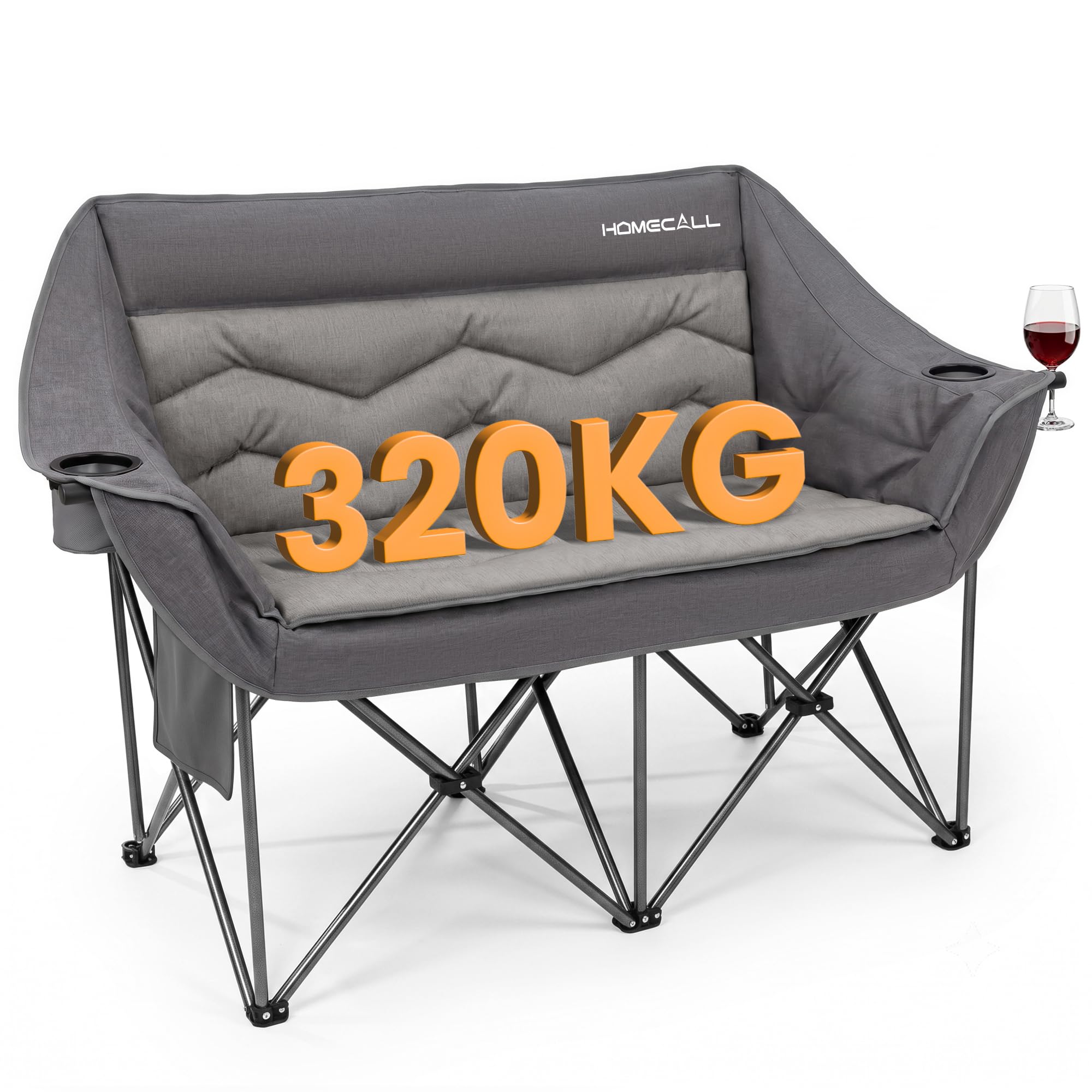 Homecall Podwójne krzesło kempingowe dla dorosłych – wytrzymała, składana sofa dwuosobowa (obciążenie do 320 kg), wyściełana sofa kempingowa dla 2 osób, przenośna, idealna na kemping, do ogrodu i