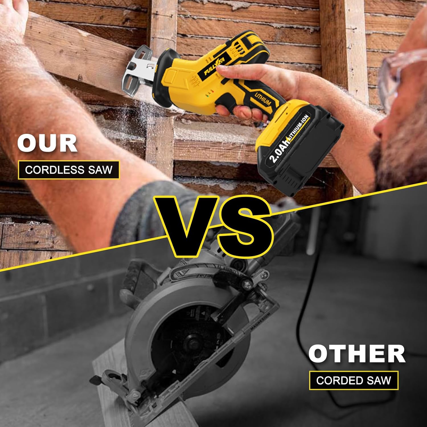 FULLYEA Cordless Reciprocating Saw, 0-3500 RPM Electric Saws with 4 Blades & 2 Batteries, Tool‑Free Change, Handheld Saw Lightweight, Battery Reciprocating Saws for Cutting Wood PVC Pipe (Yellow)