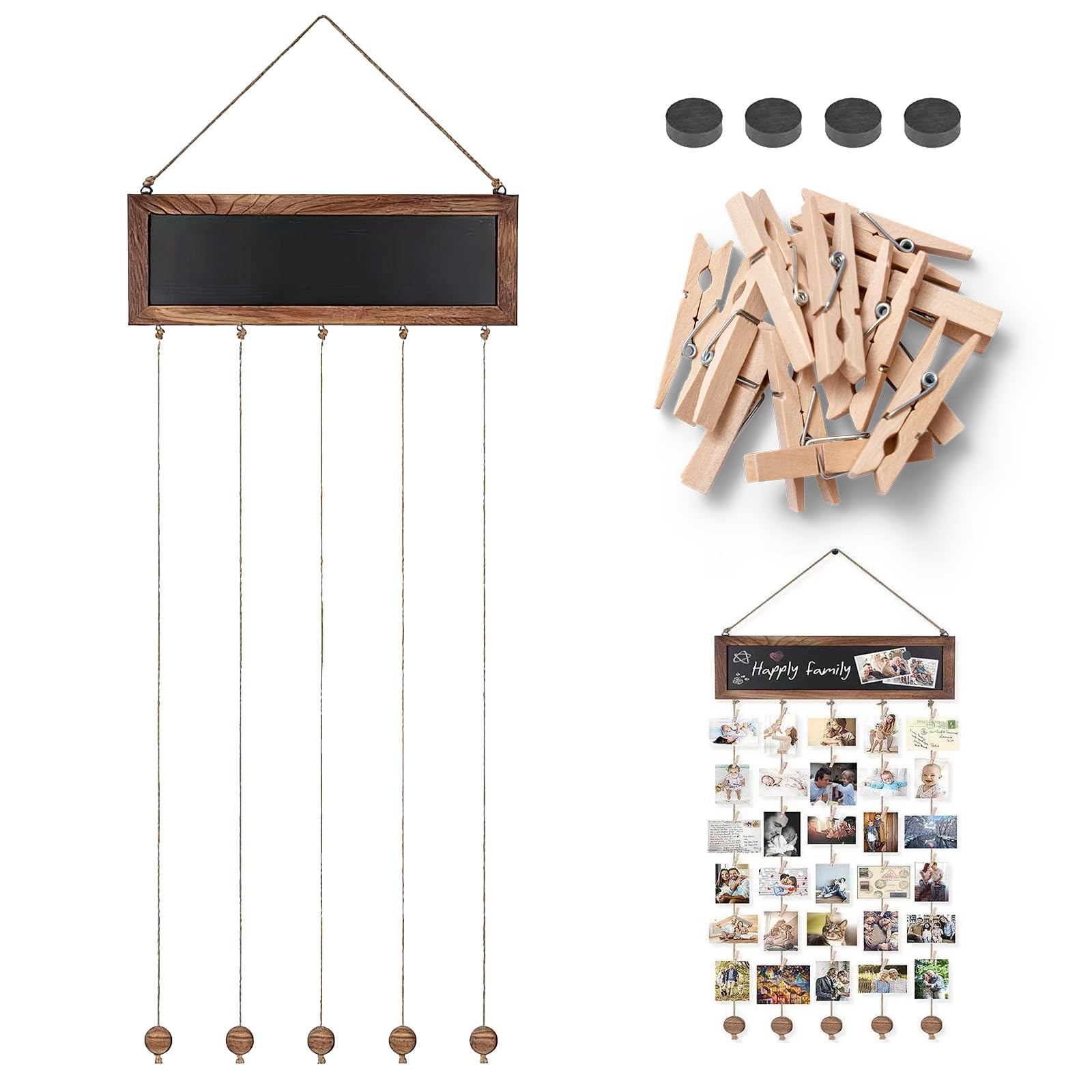 Bilderrahmen mit Klammern und Leine, Fotowand mit 30 Holzklammern, DIY Collage Fotoseil Fotoleine, für Wohnkultur Schlafzimmer, Zum Postkarten Aufhängen