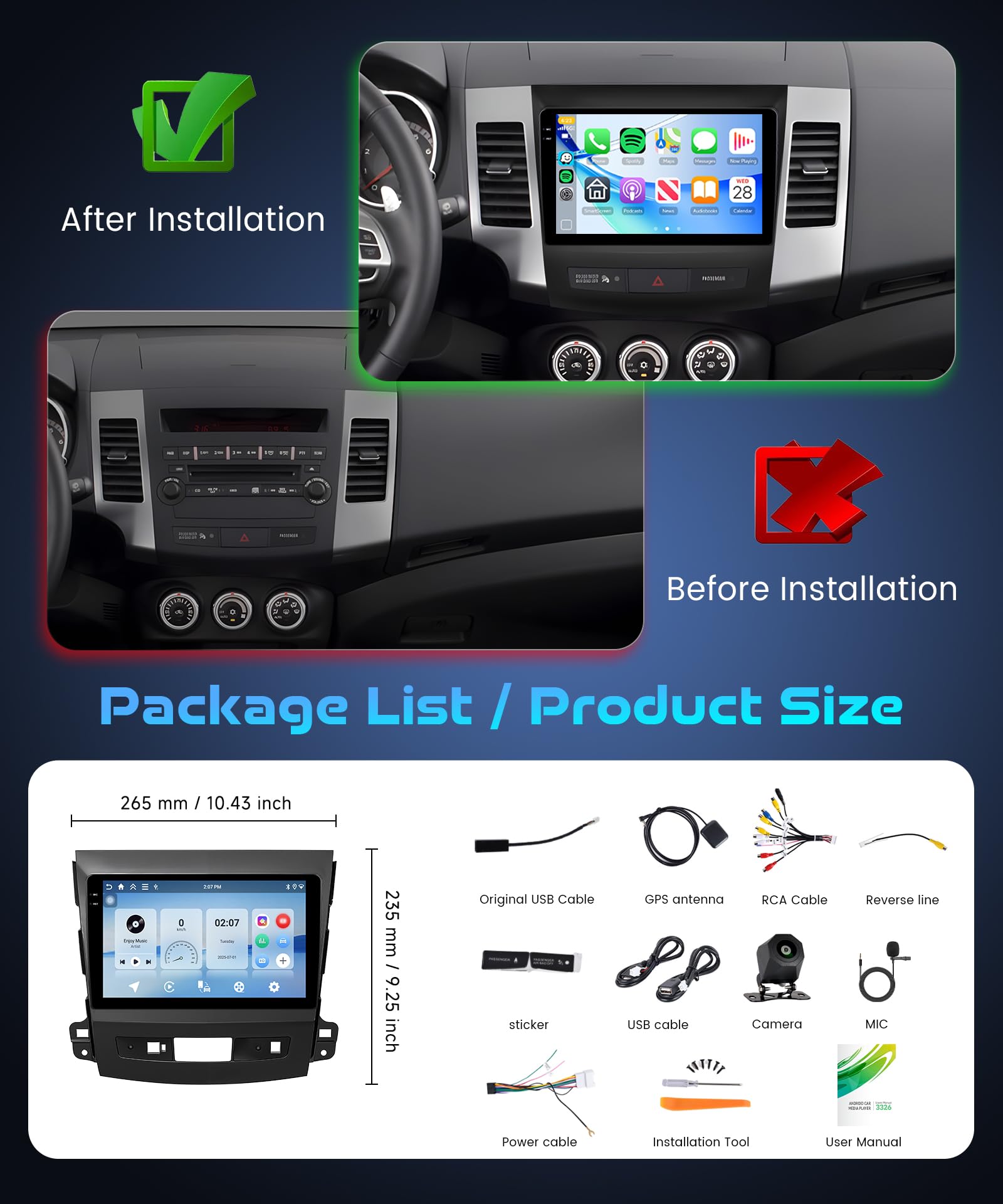 4+128G Android Radio Coche para Mitsubishi Outlander 2/Peugeot 4007/Citroen C-Crosser 9 Pulgadas IN-Cell Radio con Wireless Carplay Android Auto GPS Mirror Link Bluetooth WiFi/FM/RDS/EQ Cámara Trasera