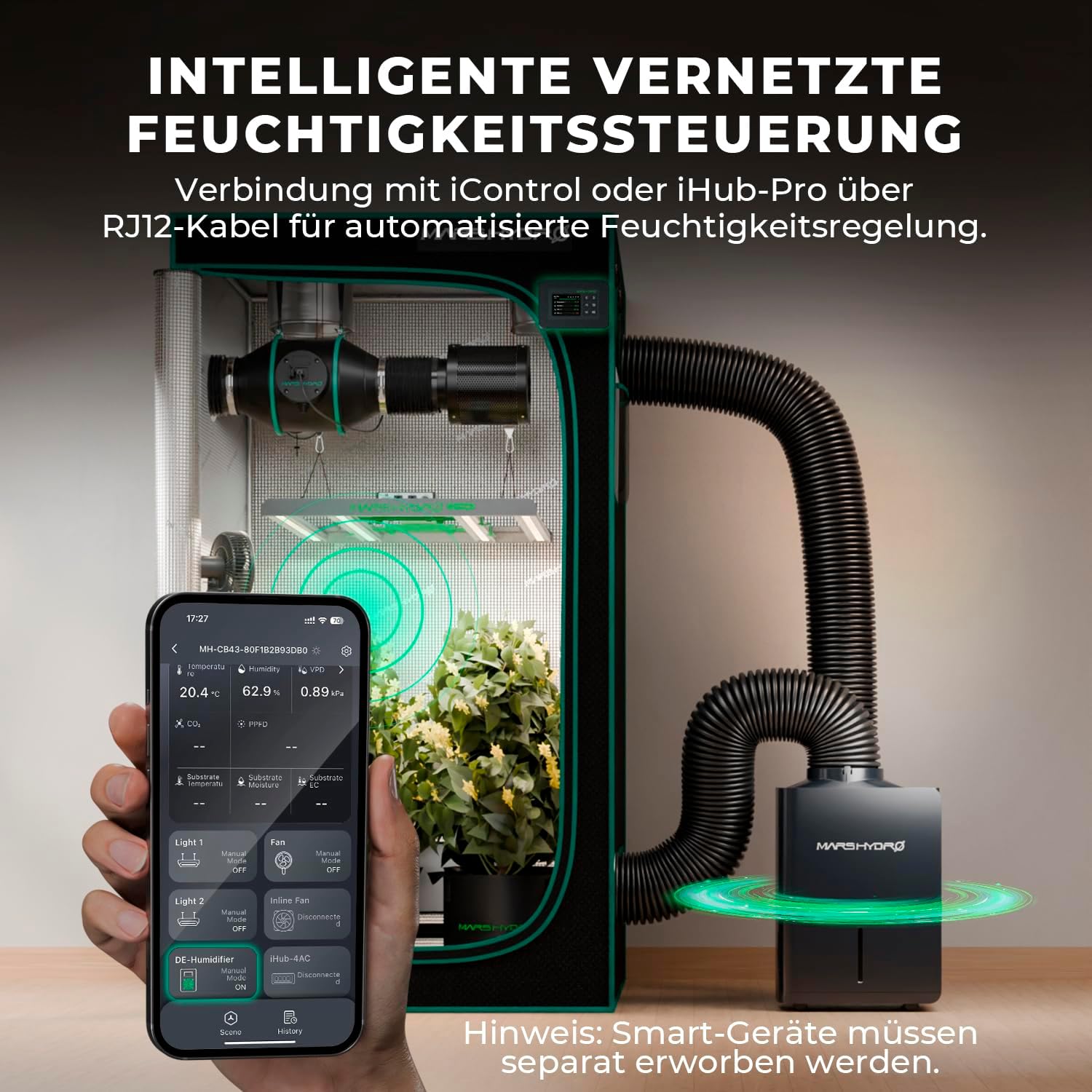 Image showing the MARS HYDRO Dehumidifier connected to a grow tent and controlled via a smartphone app, displaying humidity, temperature, and VPD readings.