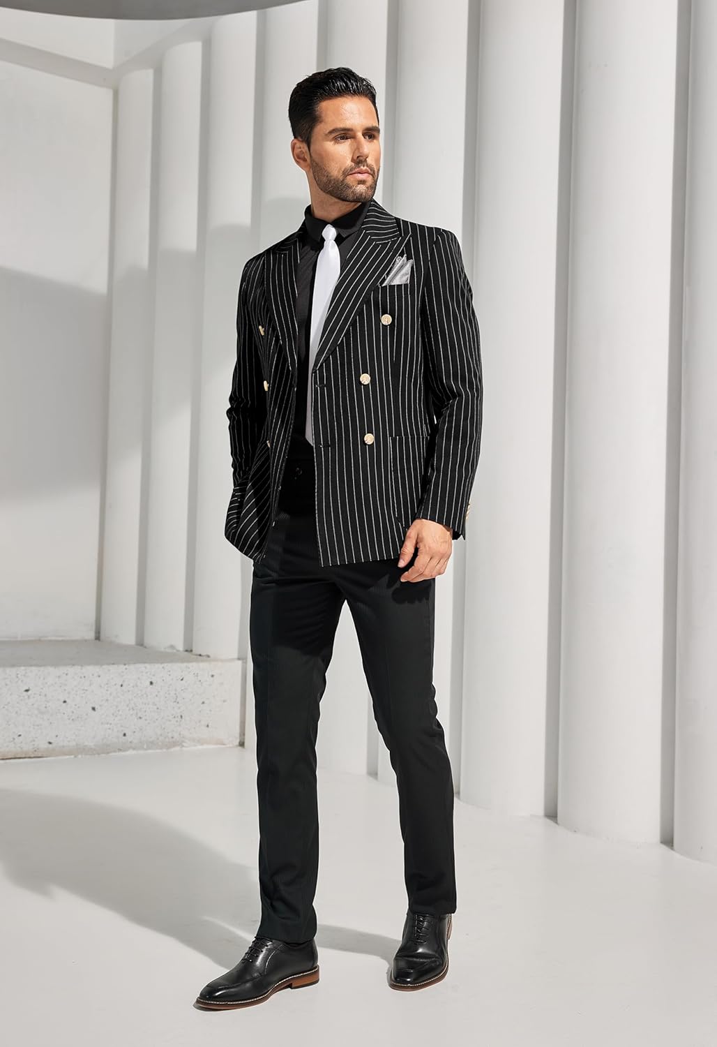 Suits for Men Pinstripe 2 Pcs Slim Fit Formal Tuxedo Set Business Casual Wedding Party Suit Stripes Blazer Black Pants - Image 5