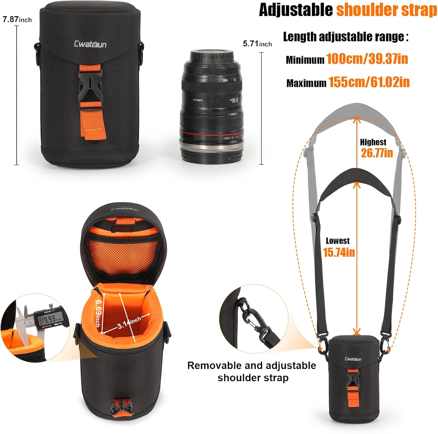 Cwatcun Camera Lens Case, Hard Case Shockproof DSLR Camera Lens Pouch with Shoulder Strap, Water Resistant Camera Lens Bag for Nikon, Sony, Fuji, Canon and Other Lens Below 3.03" x 5.71"(D x L) - Image 3