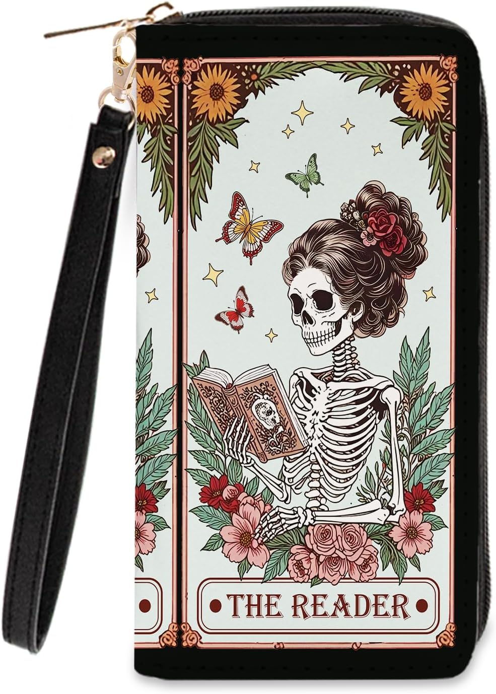 Book Lovers Gift for Womens Wallet - Slim PU Leather Gothic Style Skeleton Reader Wallet for Women with Zipper, Credit Card Holder Wallets, Wristlet Wallets for Female Girls Birthday(Reading Gift)