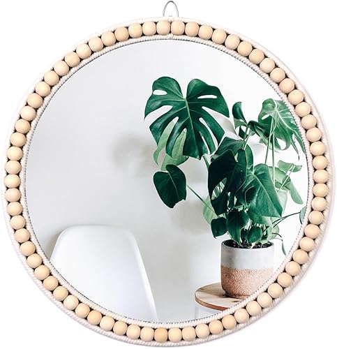 Poeme Espejo circular bohemio montado en la pared, espejo redondo de madera, decoración de pared para baño, sala de estar, dormitorio, espejo