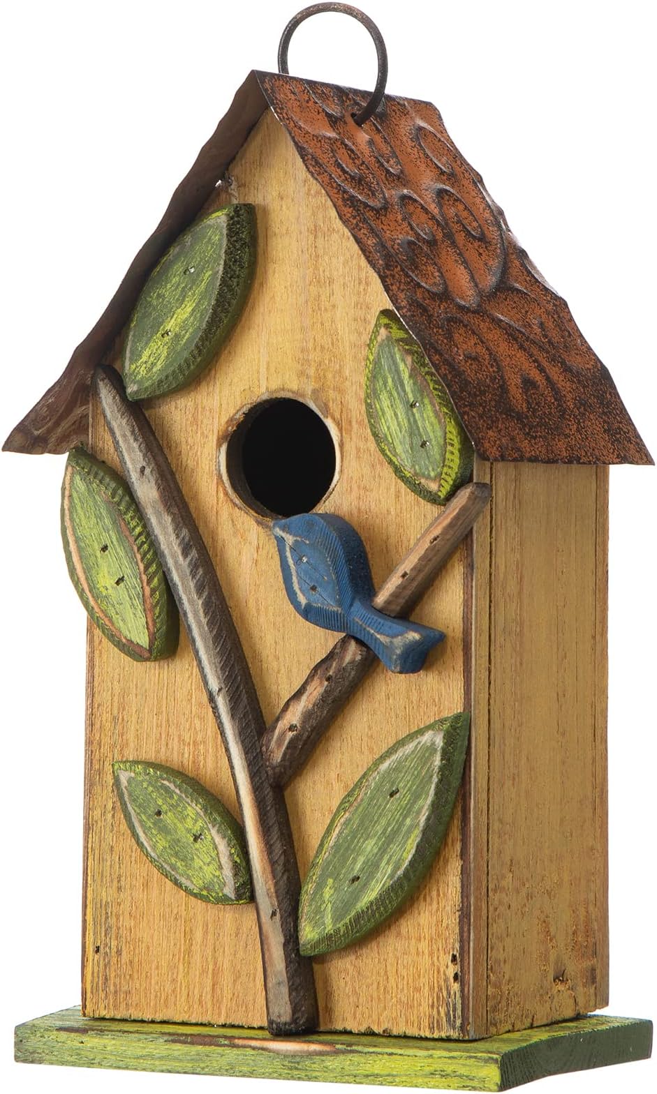 Glitzhome Birdhouse for Outdoor Hanging, 9.7" H Patio Garden Pet Cottage Distressed Decorative Birdhouse Wooden Bird House for Bluebird Wren Sparrow Finch Cardinal, Leaves Rustic Yellow
