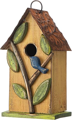 Miniatura 61 de Glitzhome Casas para pájaros para exteriores, casa de pájaros de madera maciza envejecida de gran tamaño de 15 pulgadas de largo con flores 3D