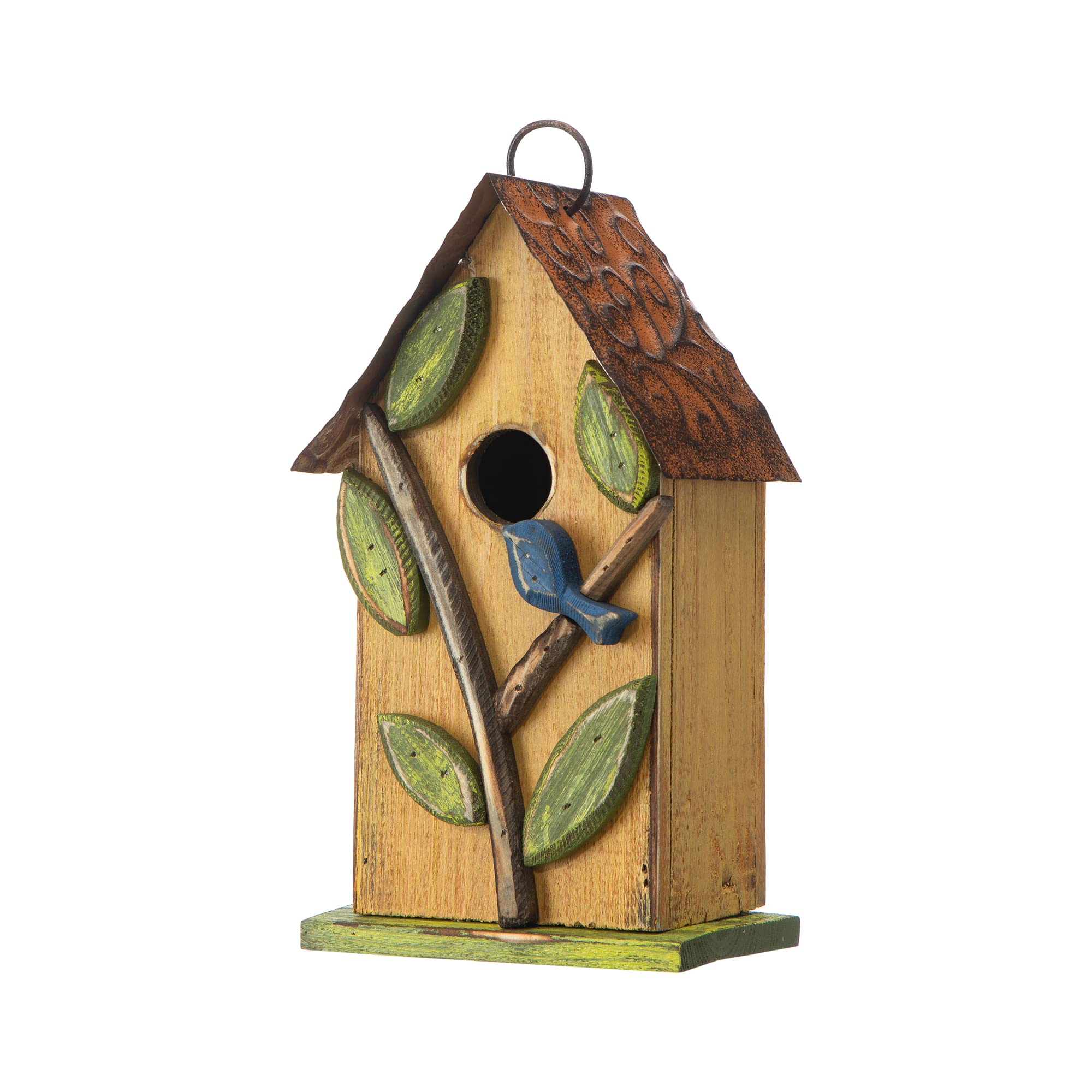 Glitzhome 9.7" H Hanging Birdhouse for Outdoor Patio Garden Decorative Pet Cottage Distressed Wooden Birdhouse, Leaves Rustic Yellow