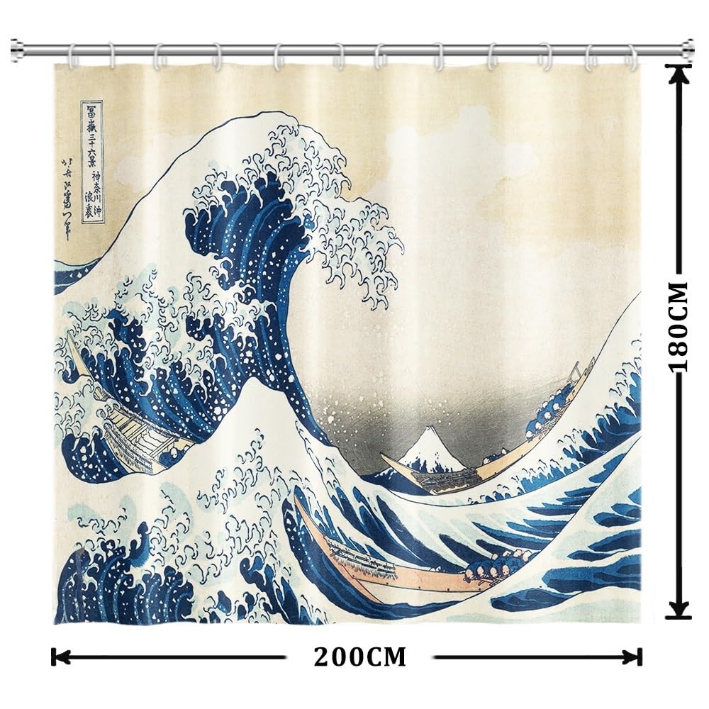 Tenda da doccia tradizionale con pittura giapponese, onde oceaniche giapponesi, onde del mare, astratta, barca in legno, tenda da doccia, tessuto impermeabile, lavabile, decorazione del