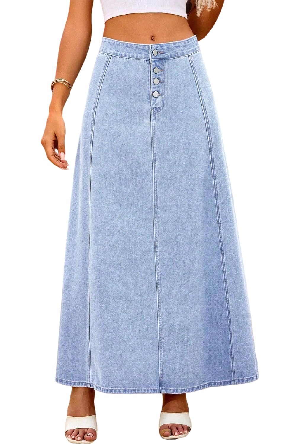 yoeasy Womens Denim Maxi Skirt Casual Button Up Vintage High Waist Flowy Swing A-Line Long Jean Skirt