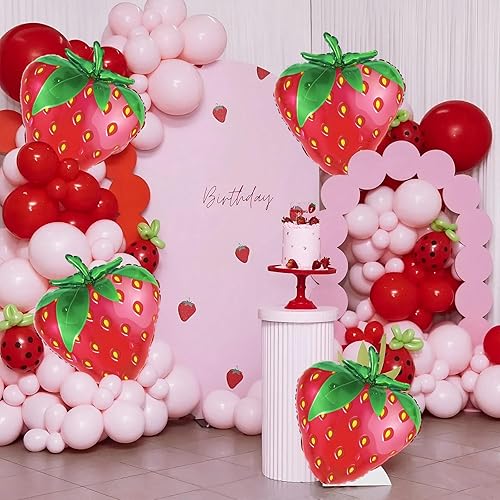Miniatura 3 de Globos de fresa, 6 globos de frutas dulces para decoraciones de fiesta de cumpleaños, globo de aluminio de fresa para fiesta temática de fresas,