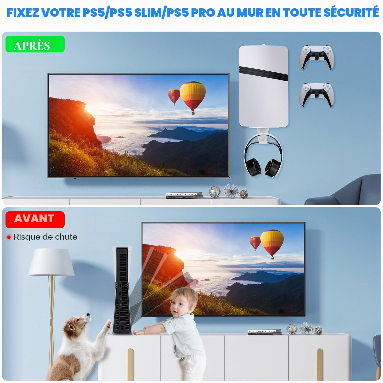 Support Mural PS5, Support Mural Compatible avec PlayStation 5 /PS5 Slim/PS5 Pro PlayStation 5 Console ((Éditions Disque et numérique) Accessoires pour Casque et 2 Supports de Contrôleur