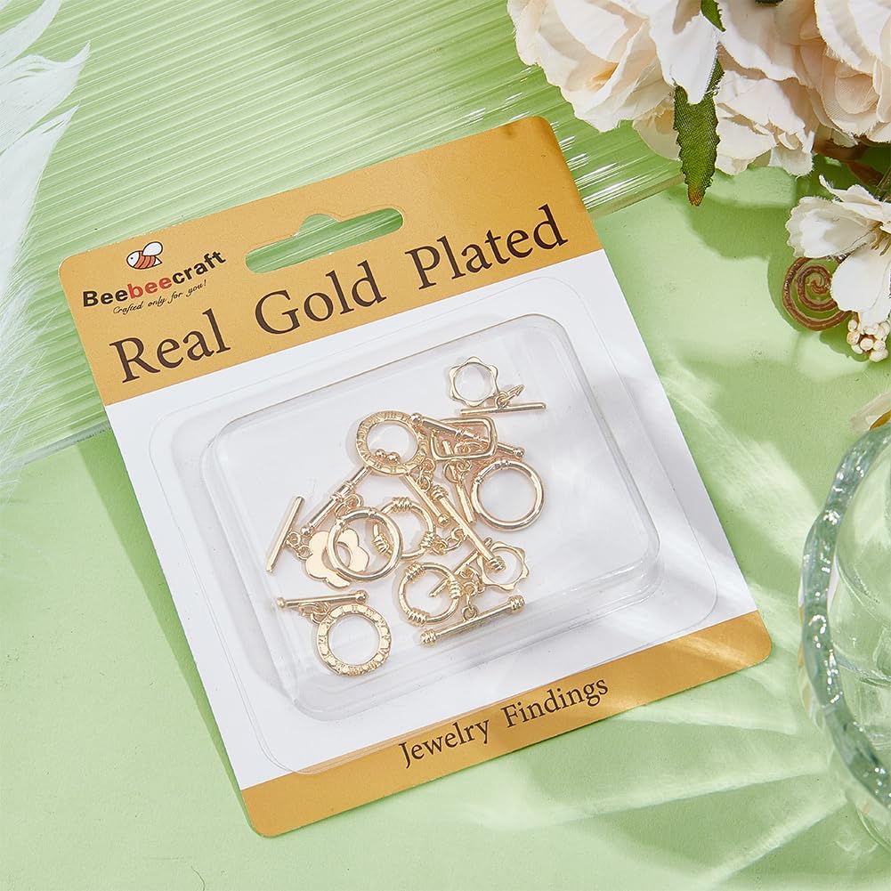 Beebeecraft 1 Box 12 Sets 6 Styles Toggle Jewelry Clasps Real 18K Gold Plated T Bar Clasp Necklace Round Flower Shape IQ Jewelry Fastener Connectors Buckle for Jewelry Making Finding Bracelet Necklace - Image 5