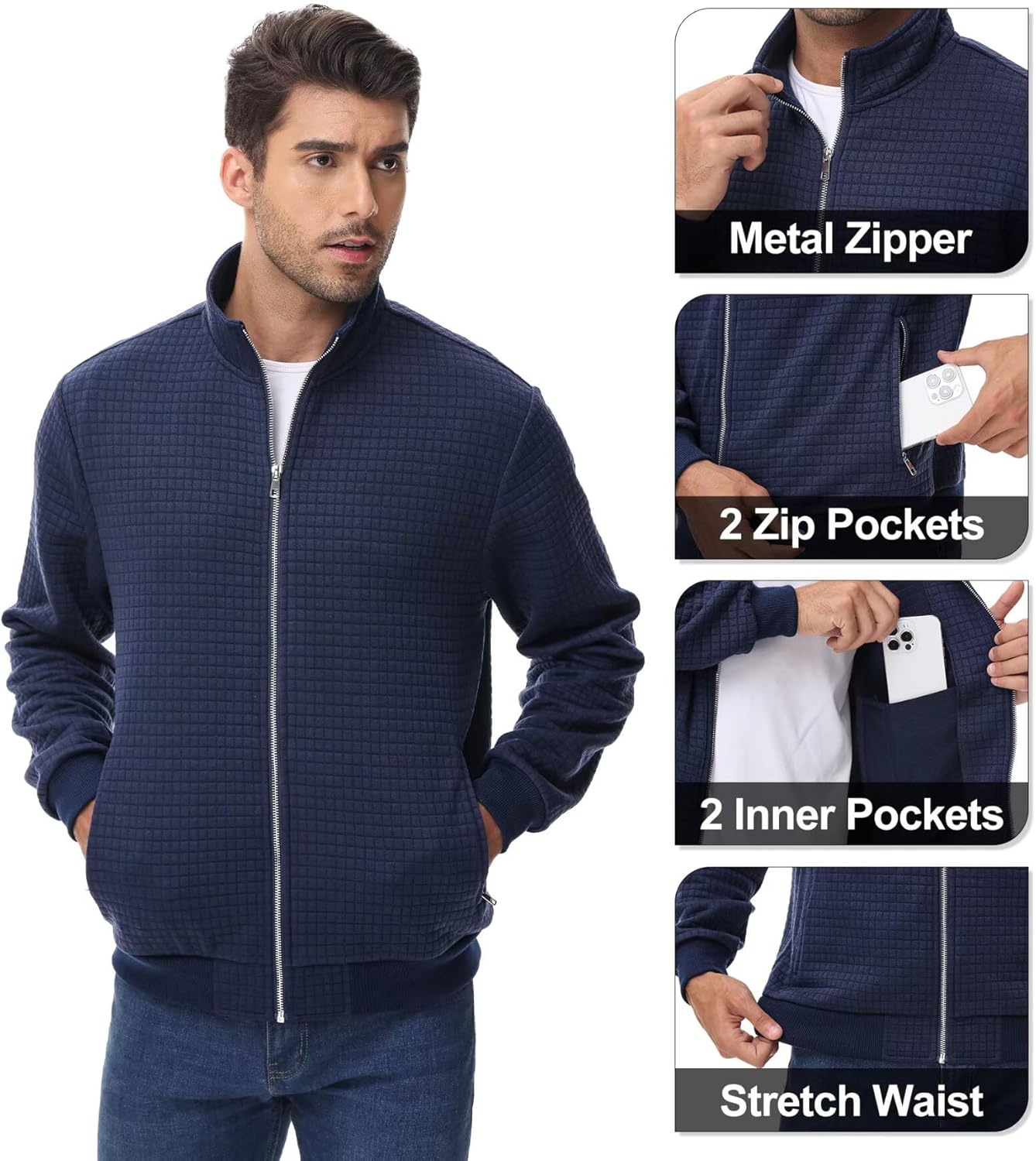 Satankud Men's Jacquard Waffle PlaidCloth Bright Metal Zipper Lightweight Jacket