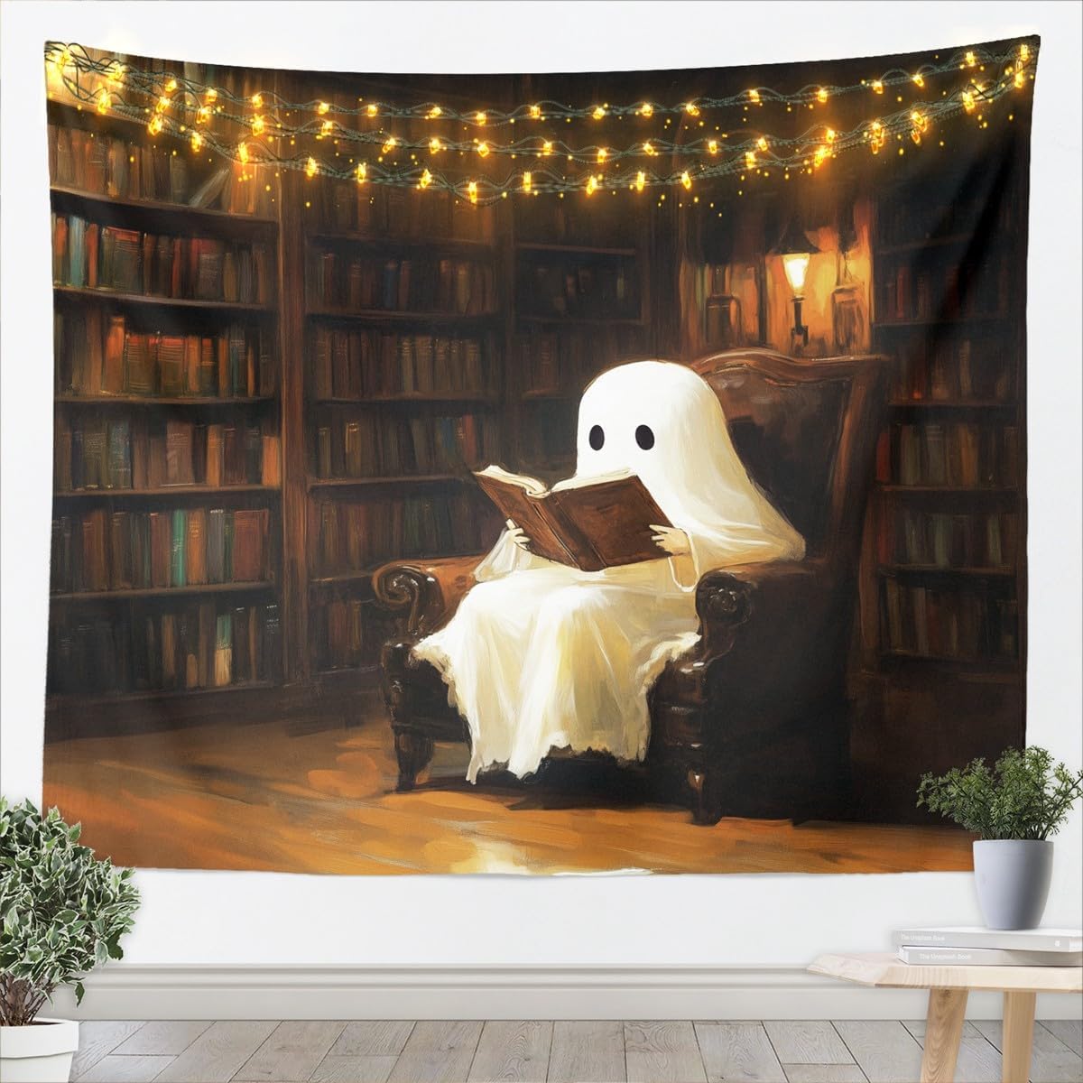 Cute Halloween Ghost Kids Tapestry,Reading Book Bookshelf Magical Fairy Wall Tapestries for Girls Boys,Western Holiday Gothic Wall Hanging,Trippy Home Wall Decor,XLarge 70.9 x 92.5 Inches