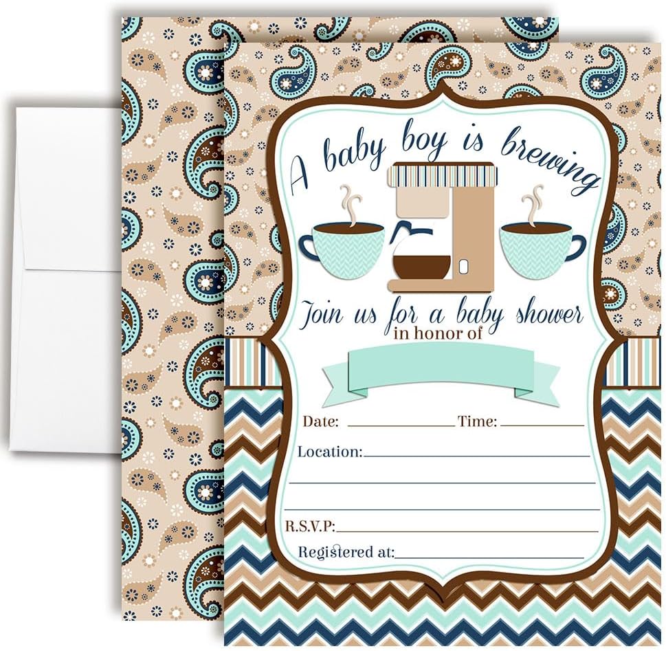 Coffee Themed Baby Boy Baby Sprinkle Baby Shower Invitations, 20 5x7 Fill in Cards Twenty White Envelopes AmandaCreation