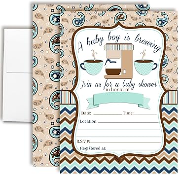 Coffee Themed Baby Boy Baby Sprinkle Baby Shower Invitations, 20 5x7 Fill in Cards Twenty White Envelopes AmandaCreation