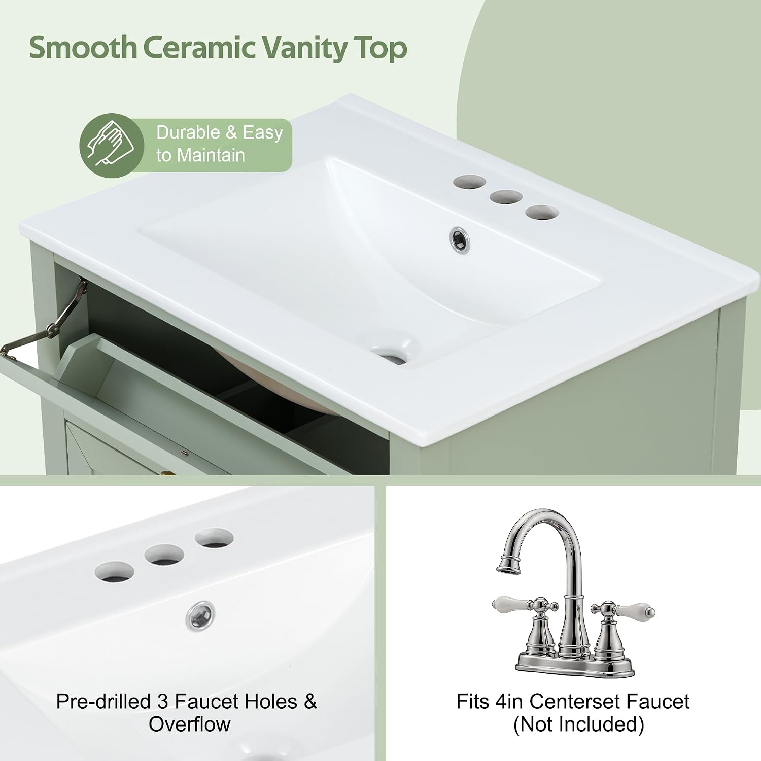 24 Inch Bathroom Vanity Cabinet with Ceramic Sink, Modern Style, Tip-Out Drawer and Door Racks, Adjustable Shelf, Solid Wood Frame, Light Green