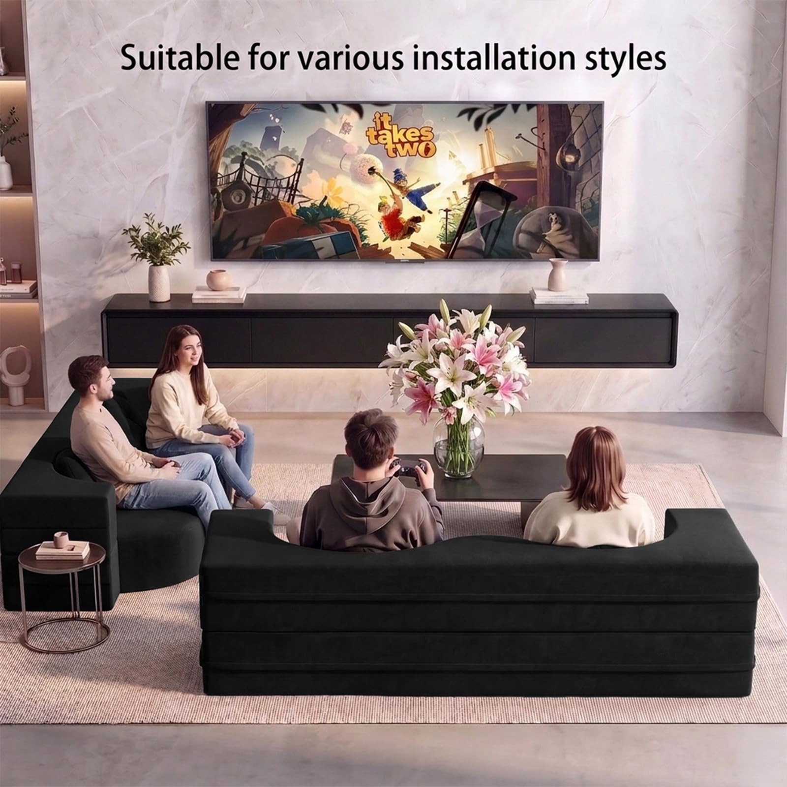 Mueble de TV de Madera Maciza,Mueble de TV Flotante, Mueble Bajo de Pared para TV, Adecuado para el Salón y el Dormitorio,Negro 140CM-LED
