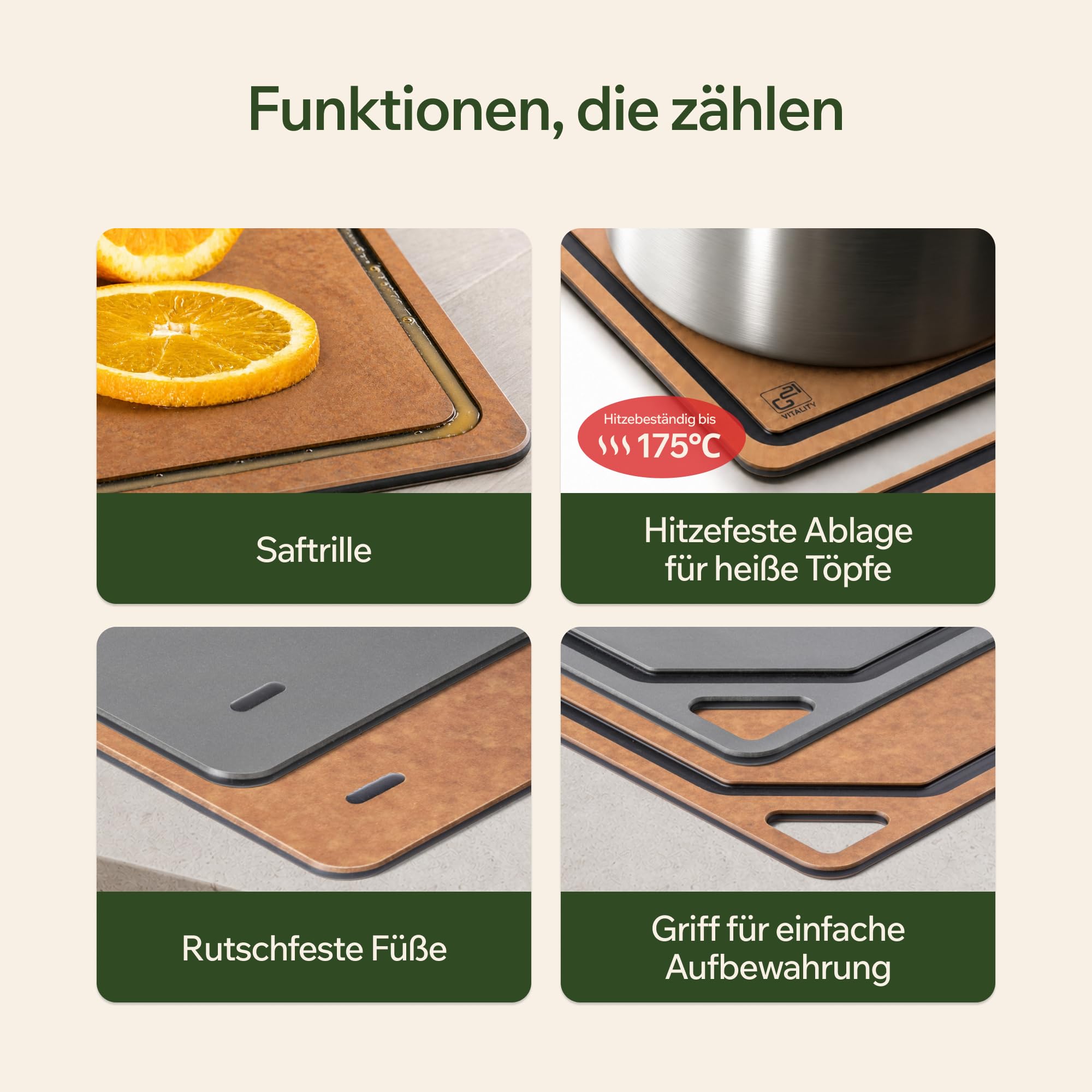 G21 EcoCut Schneidebrett Holzfaser 2er Set Spülmaschinenfest, Braun | BPA- & VOC-frei, LFGB-geprüft, porenfrei, geruchsneutral, mit Saftrille & rutschfesten Füßen, messerschonend, hitzebeständig