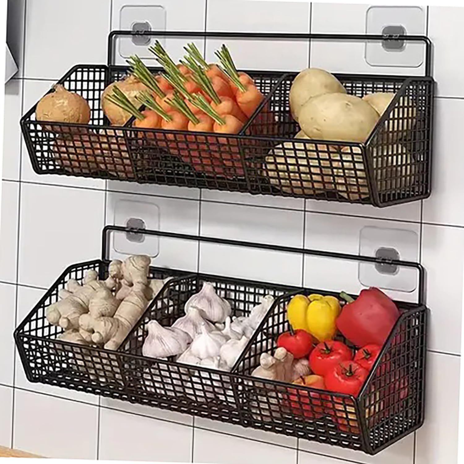 MosQuick® 3 Grid Vegetable Basket for Kitchen Metal Hanging wire Basket vegetable rack for kitchen for Fruits Vegetables Snacks storage rack Multipurpose Onion Potato Rack for Kitchen spice rack-image-31