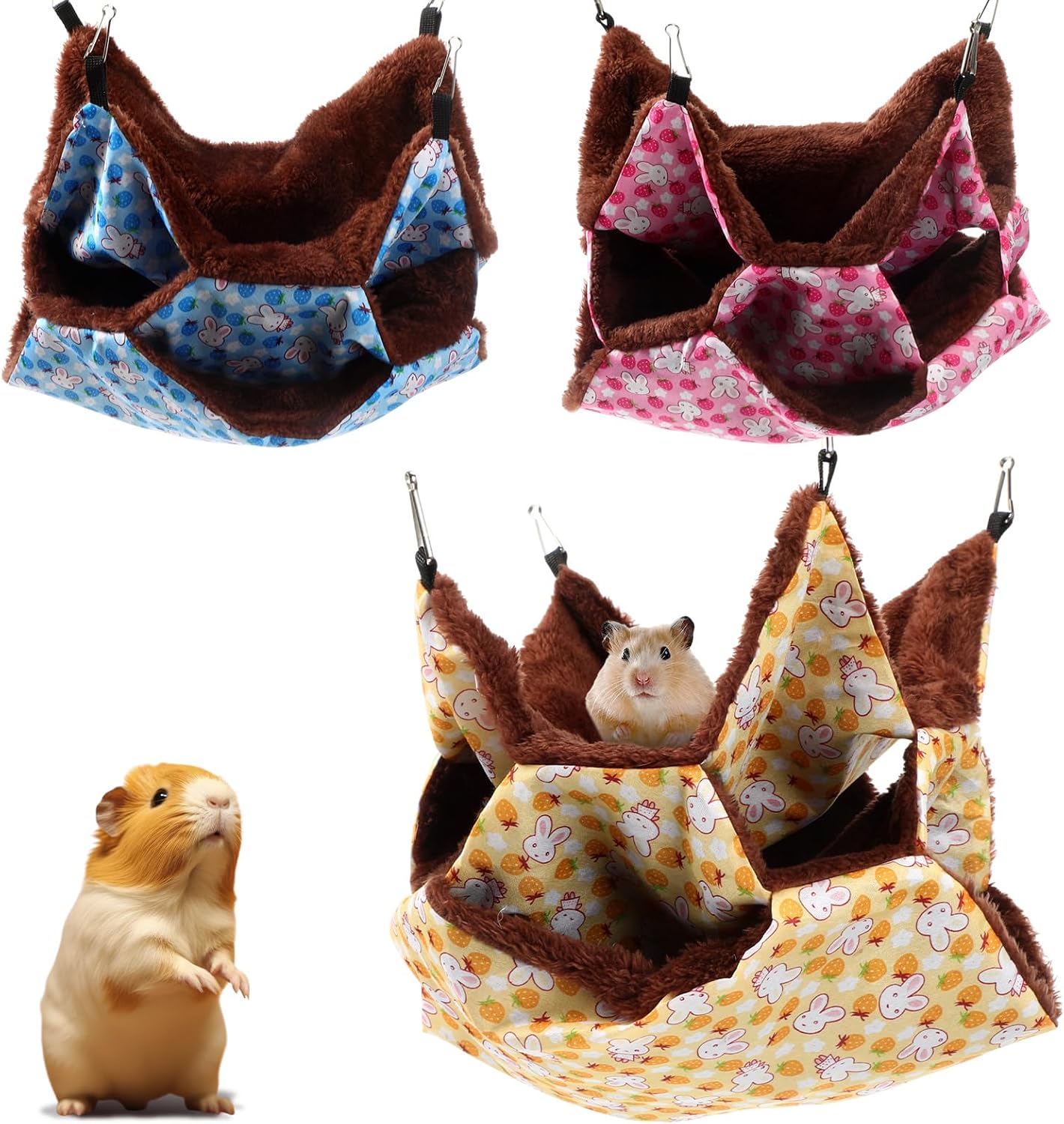 Weewooday 3 Pcs Rat Hammock 3 Tier Ferret Hammock Cage Hanging Bed Cage Accessories for Pet Guinea Pig Hamster Parrot Sugar Glider Ferrets Rat Chinchilla Playing Sleeping(Blue, Pink, Yellow)
