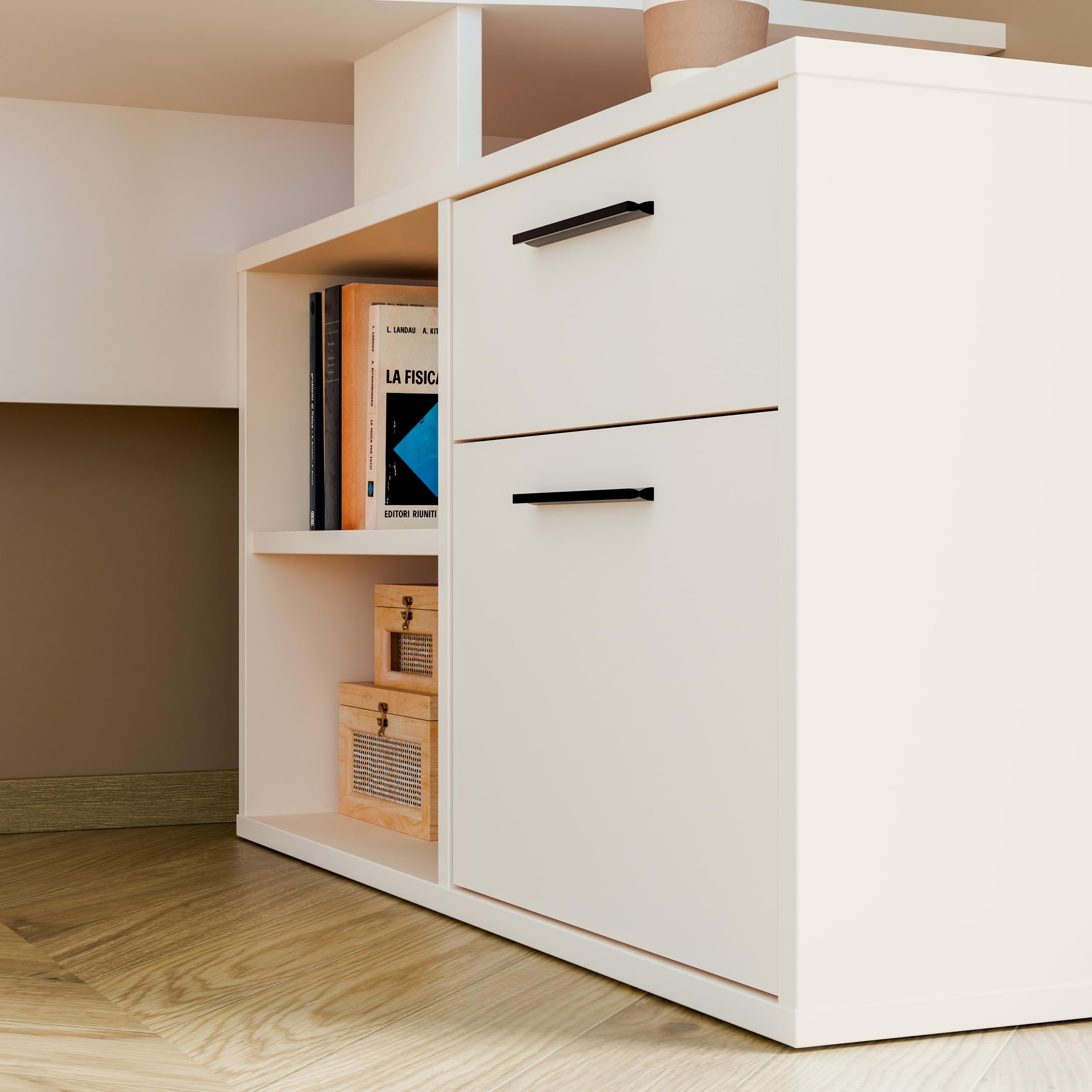 Forte TEZAUR Schreibtisch 200, moderner Schreibtisch in L-Form mit integriertem Schrank, Büro, Jugendzimmer, Holzwerkstoff, Kaschmir Beige, 200 cm breit x 75,7 cm hoch x 121,8 cm tief