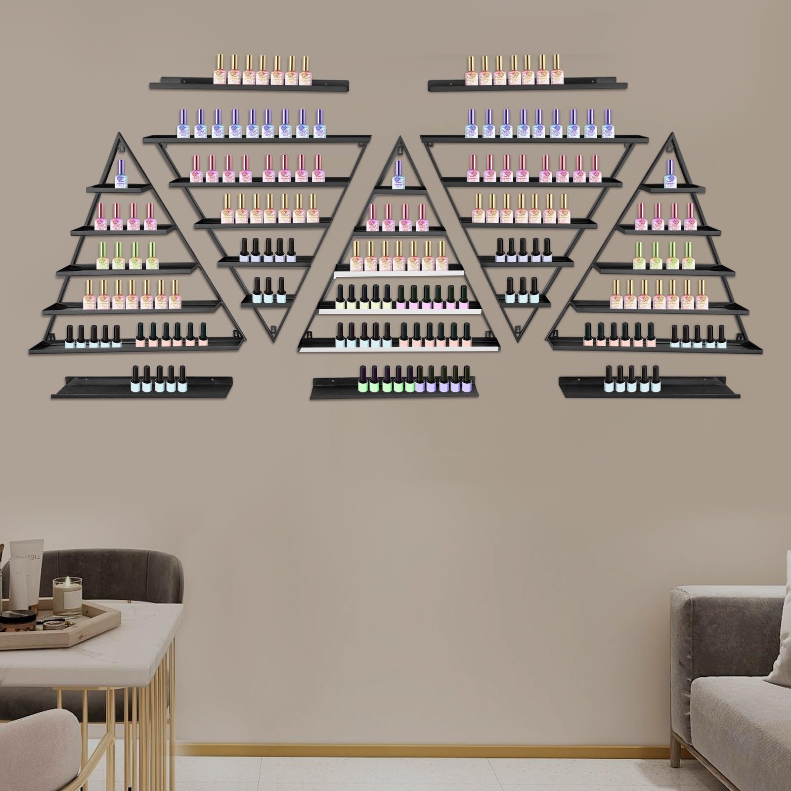 10 Stück Dreieckiges Nagellackregal, 5 Etagen Metal Nagellack-Wandregal, Wandmontiert Nagellack Kosmetik Display-Ständer für Geschäfte, Nagelstudios, Beauty-Shops (Schwarz)