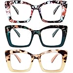 REAVEE 3 Pack Oversized Square Reading Glasses Oprah Style for Women, Blue Light Blocking Large Frame Computer Designer Fashion Readers with Spring Hinge (Flower/Blue/Green,2.25)
