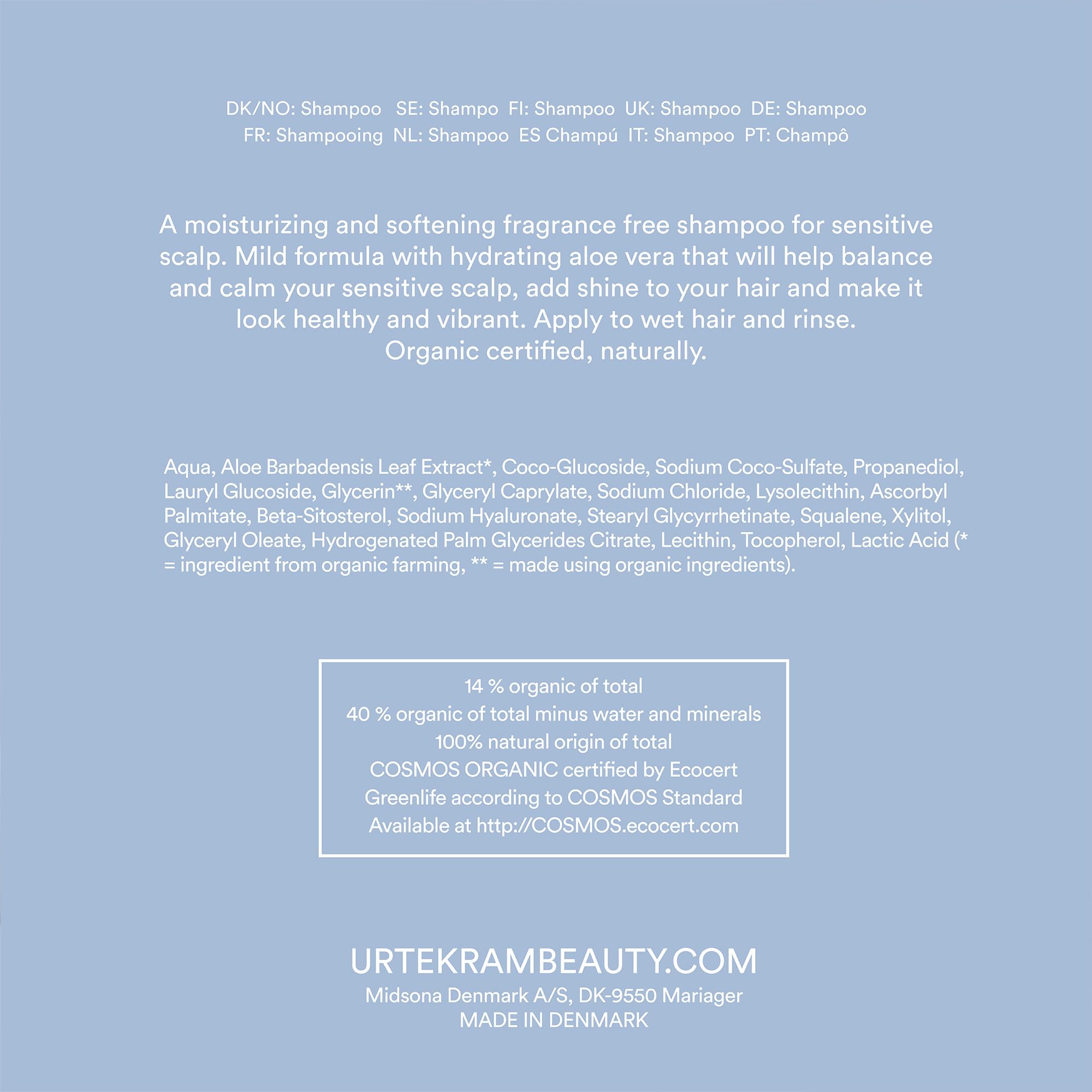 Urtekram Champú Sin Perfume 500ml para Cuero Cabelludo Sensible Hipoalergénico Orgánico Vegano
