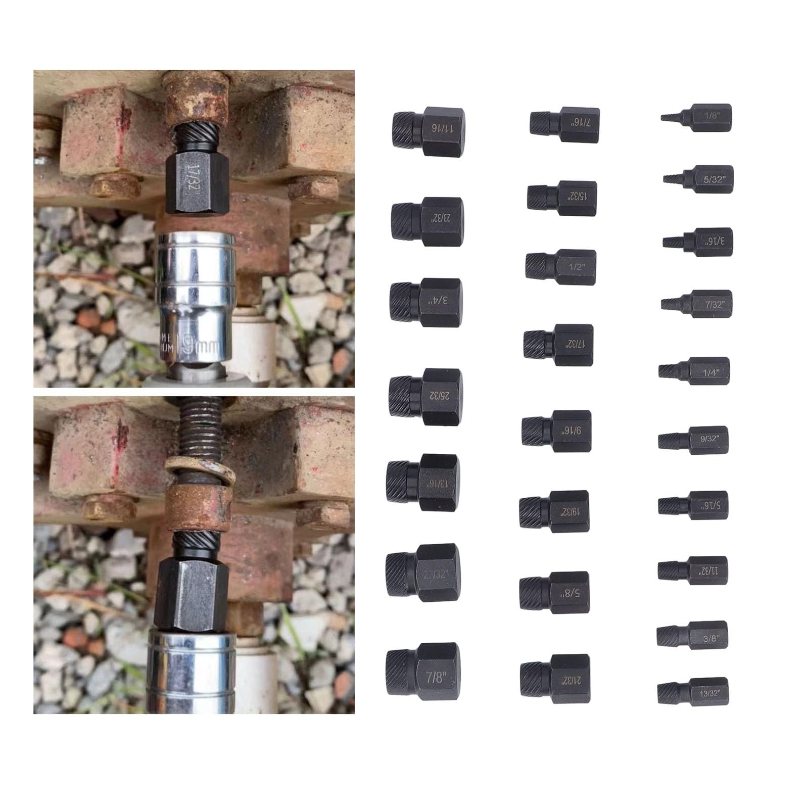 25 piezas Extractor de tornillos Cr Mo acero cabeza hexagonal roto dañado perno removedor conjunto para reparación mantenimiento