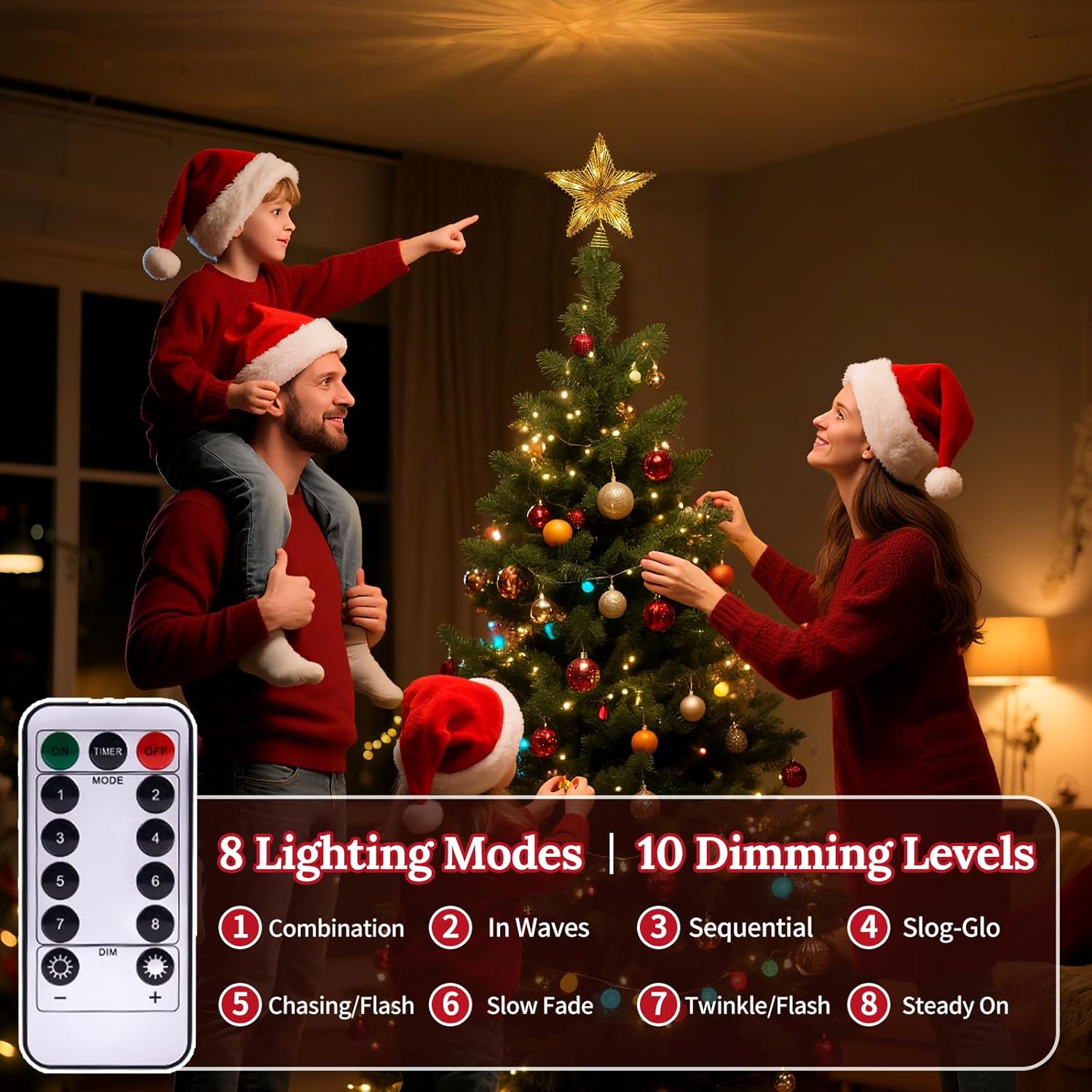 Christmas Star Tree Topper with Remote Control & Timer, Gold Glitter 3D Star Tree Topper with 30 LED Lights, 8 Lighting Modes, USB Xmas Tree Decor for Christmas Tree Home (9.8inch)