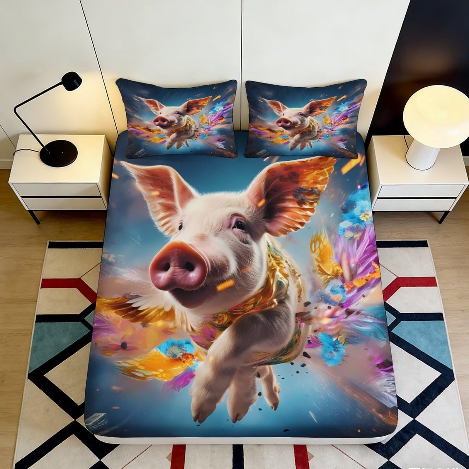 Kzqnxhjprl Style-7 3D Printed Flying Pig Fitted Sheet Microfiber Vibrant Cartoon Art Bed Cover For Bedroom Dorm Mattress Decor Protection 90X200x25cm