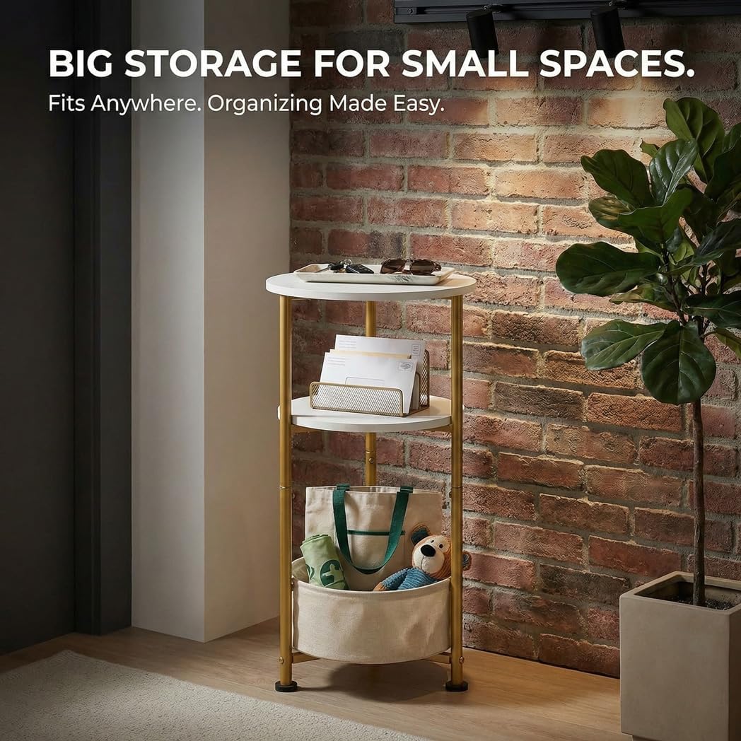 Small Round Side Table with Storage Basket, 3-Tier Narrow End Table Nightstand for Living Room Bedroom, 11.8" Diameter Modern Bedside Table for Small Spaces, Wood Grain & Metal Frame (White & Gold)
