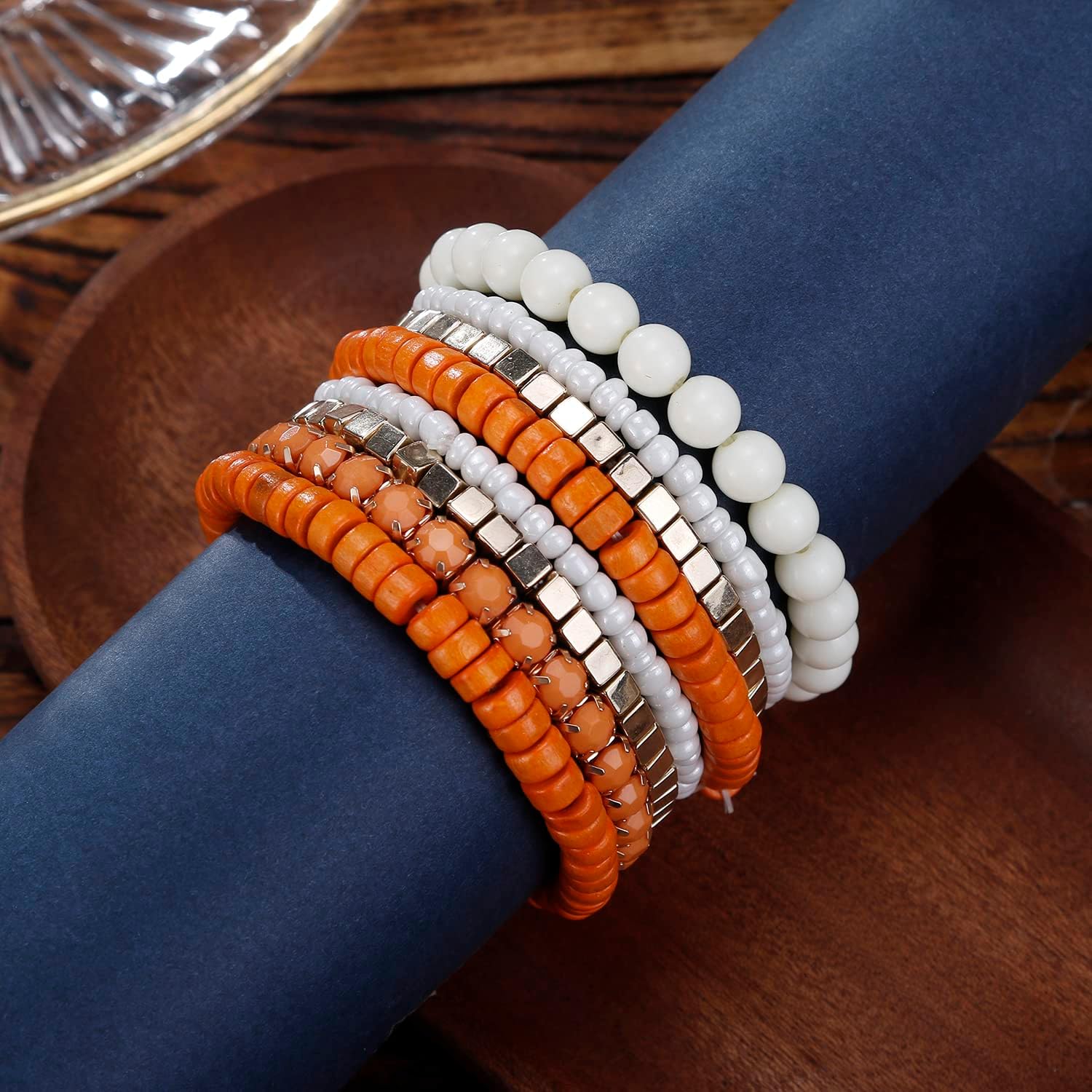 LUREME Boho Multi Strand Stackable Stretch Bracelet Set Wooden Cube Alloy Bead Bangle bl003172