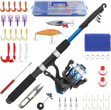 Kids Fishing Pole Set - Fishing Kit for Kids Ages 15, Telescopic Fish Rod and Reel Combo for Youth, Fly Fish Gear and Tackle Box
