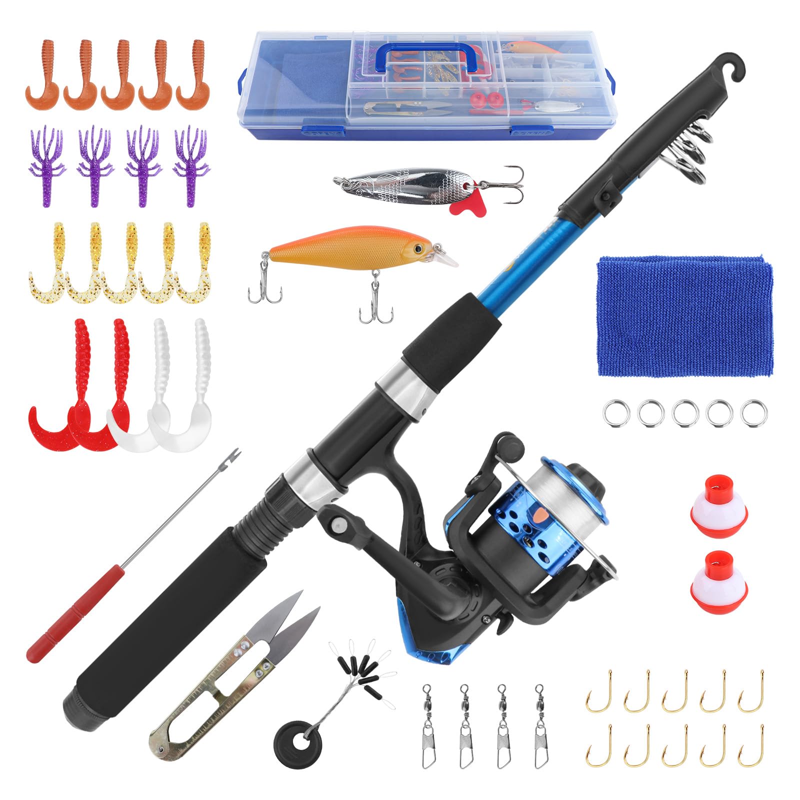 Juego de caña de pescar para niños, kit de pesca para niños a partir de 15 años, combo de caña de pescar telescópica y carrete para jóvenes, equipo de pesca con mosca y caja de aparejos
