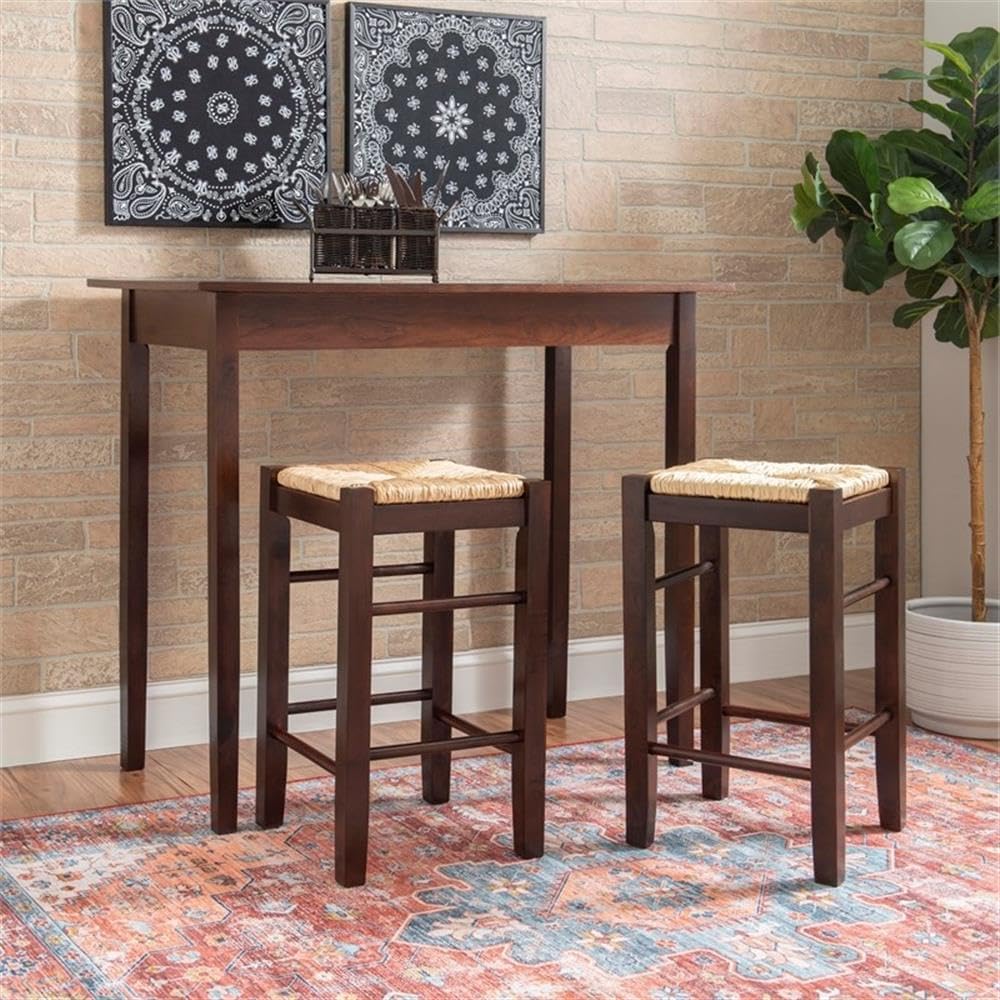 Linon Tavern Espresso Counter Height Table with 2 Stools - Kitchen Bar Set Sea Grass/Rush Seat