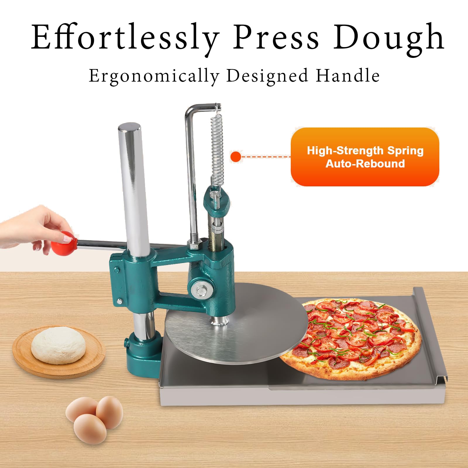 Macchina per impasto per pizza, 20 cm, con piastra di pressione regolabile, resistente per focacce, tortillas, empanadas e pasticceria, facile da usare